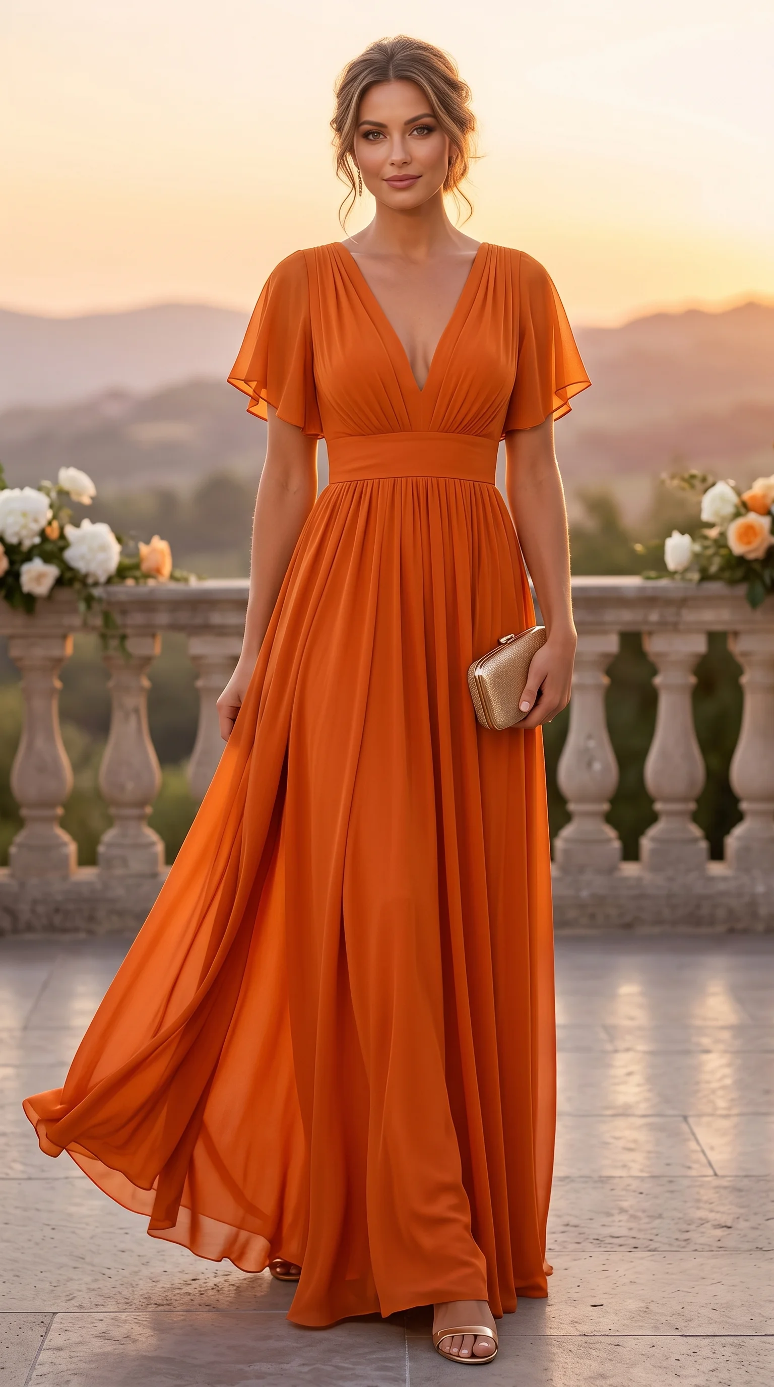 Burnt Orange V-Neck Flutter-Sleeve Fall Wedding Guest Dress
