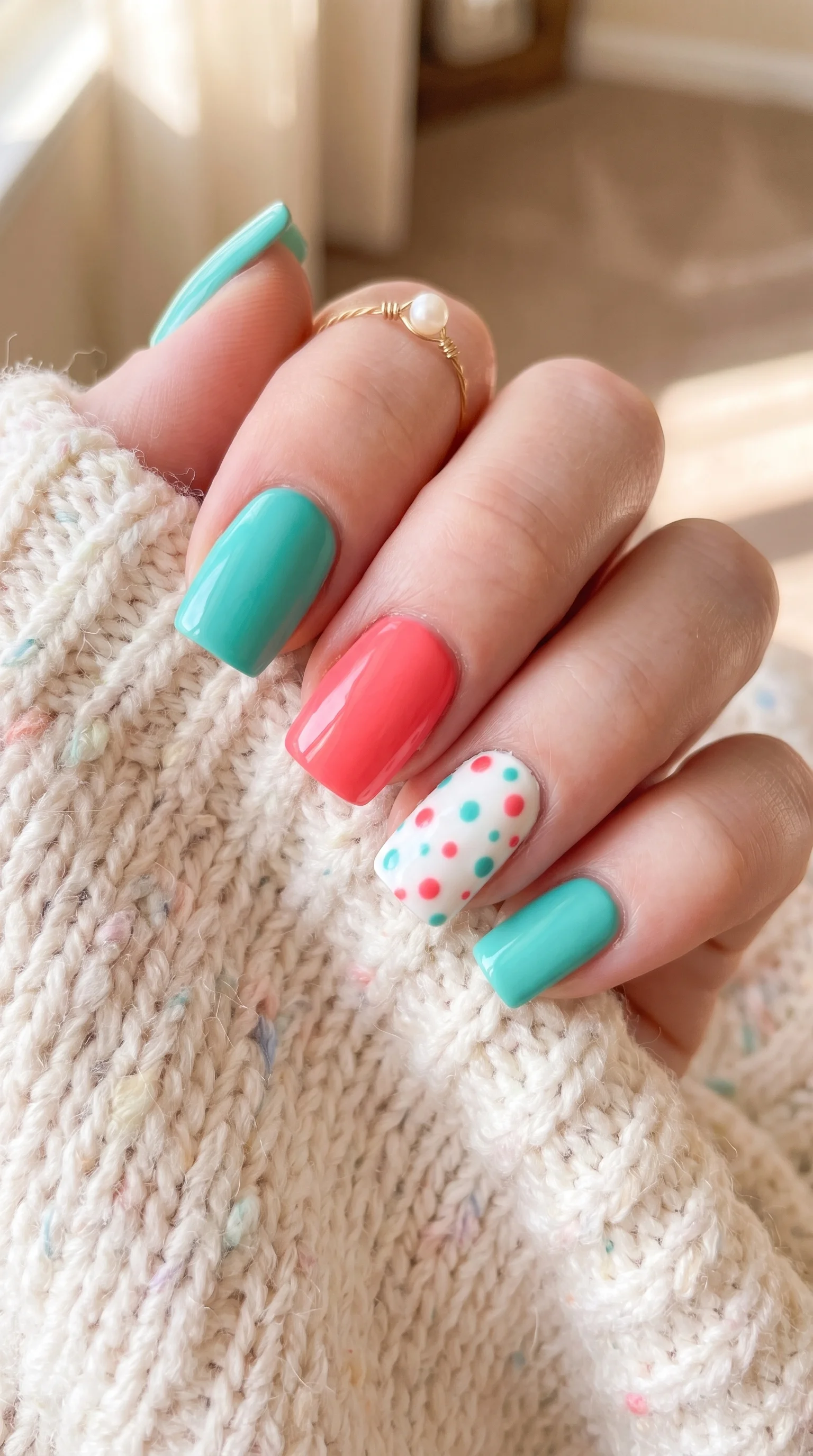 Tropical Teal & Coral Confetti Dot Twist Nails