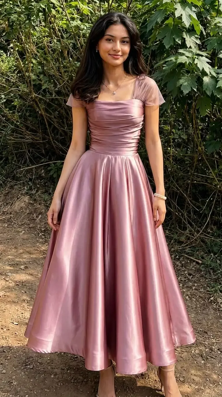 Tulle Cap-Sleeve Satin Midi Dress in Dusty Rose