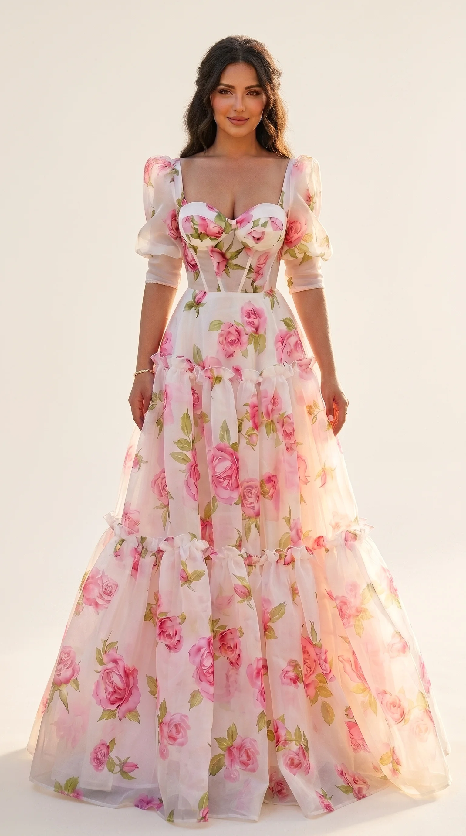 White & Pink Floral Puff-Sleeve Fall Wedding Guest Dress