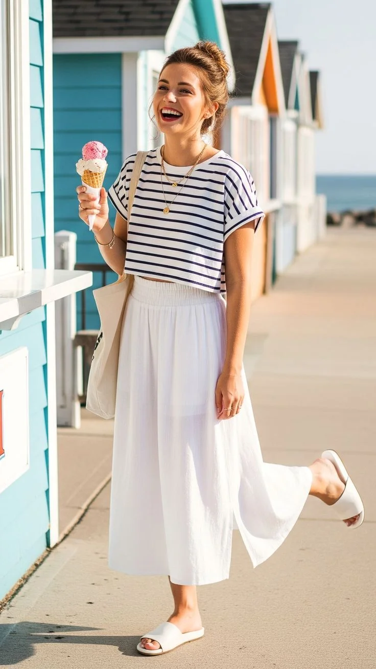 Nautical Striped Tee & Flowy White Midi Skirt School Beach Outfit
