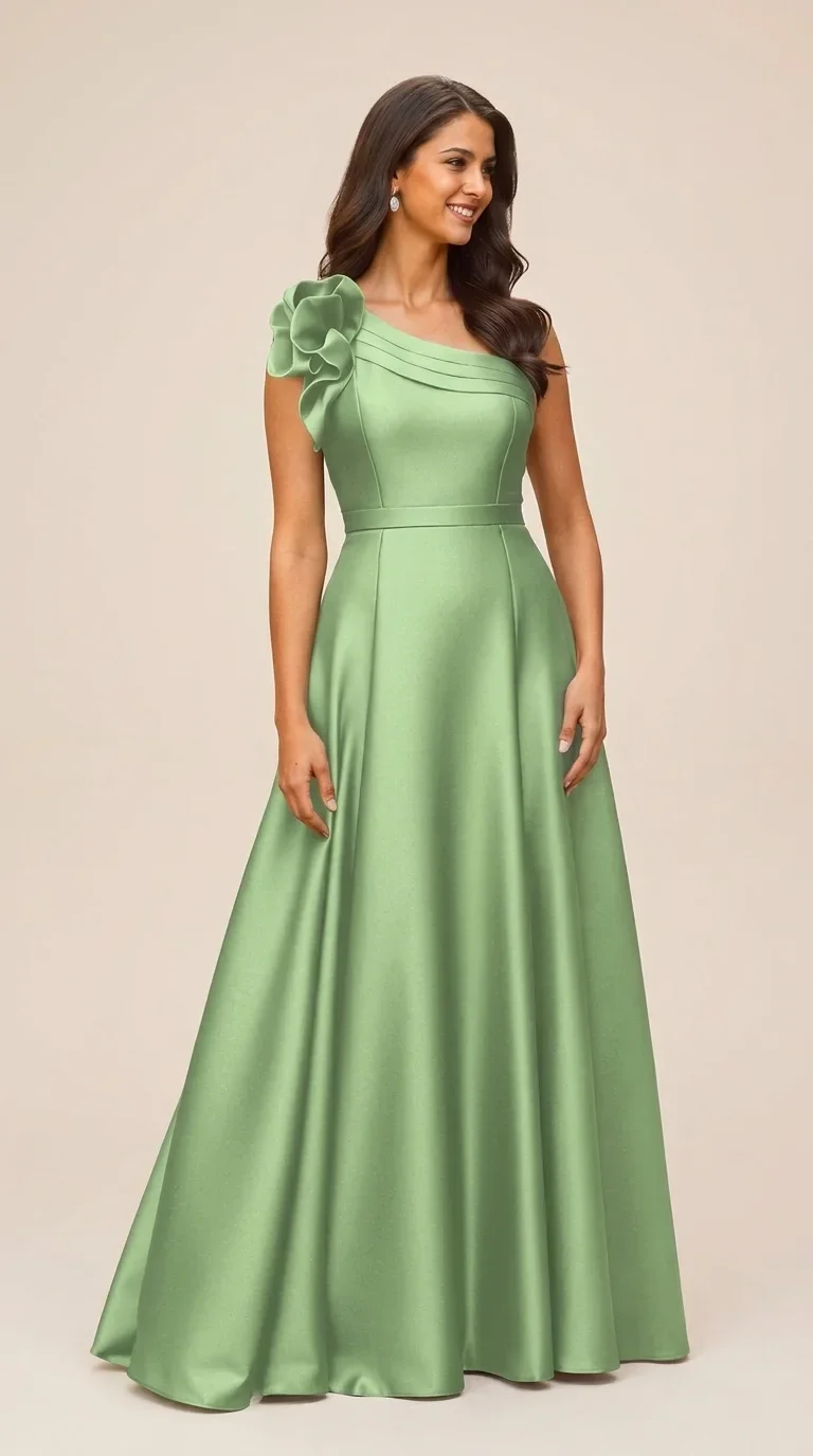 One-Shoulder Satin Maxi Dress in Sage Green