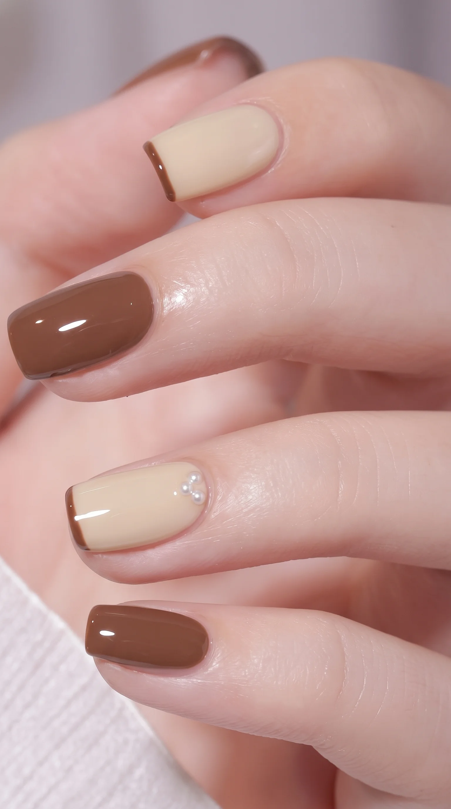 Chocolate Mocha & Cream Pearl Nails Inspo