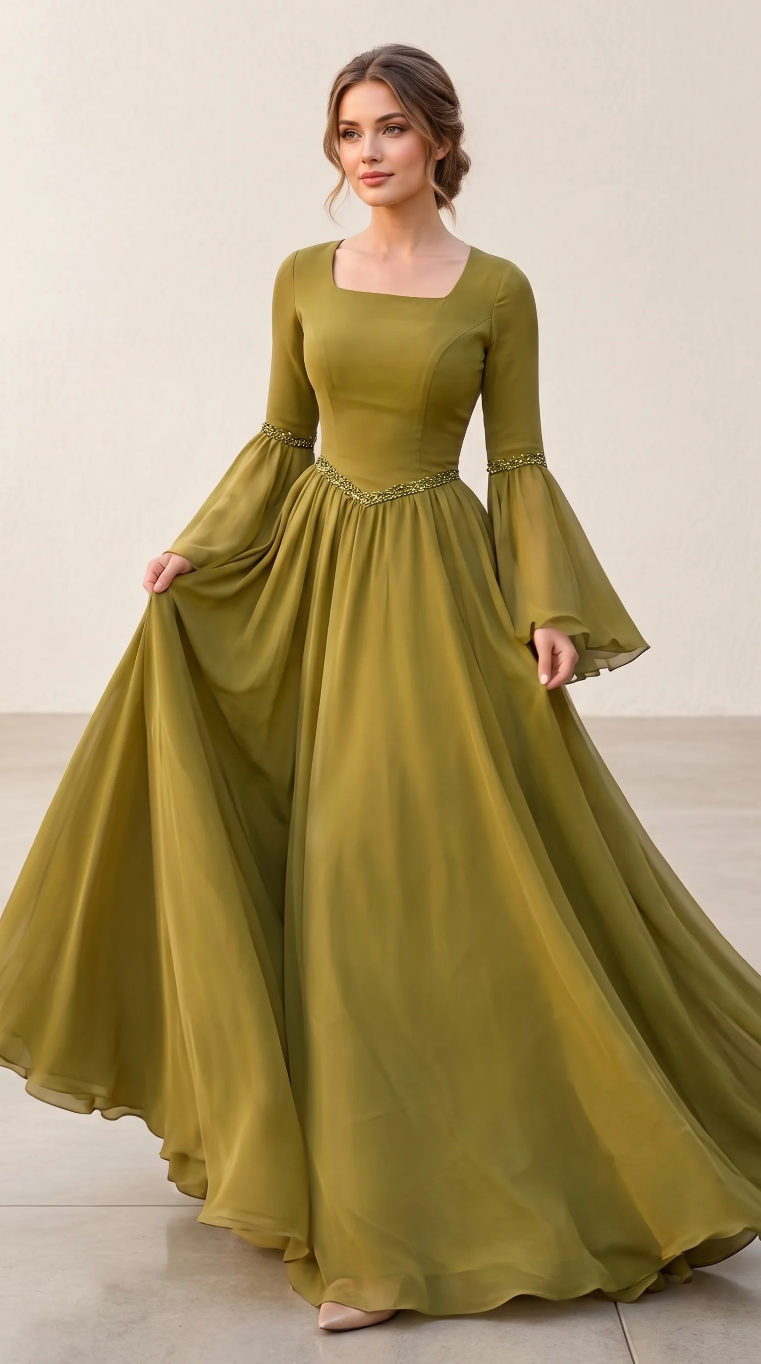 Olive Green Square-Neck Bell-Sleeve Fall Wedding Guest Dress