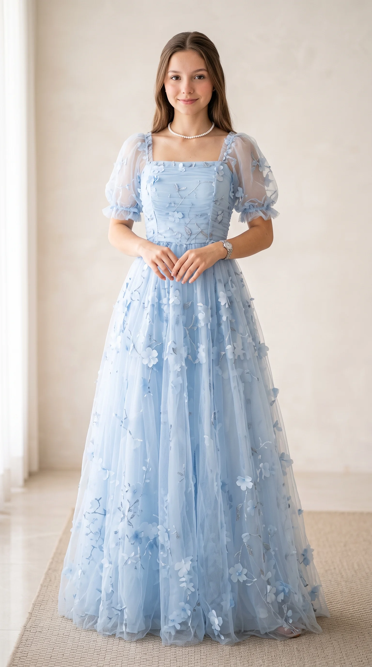 Powder Blue Floral Tulle Puff-Sleeve Fall Wedding Guest Dress