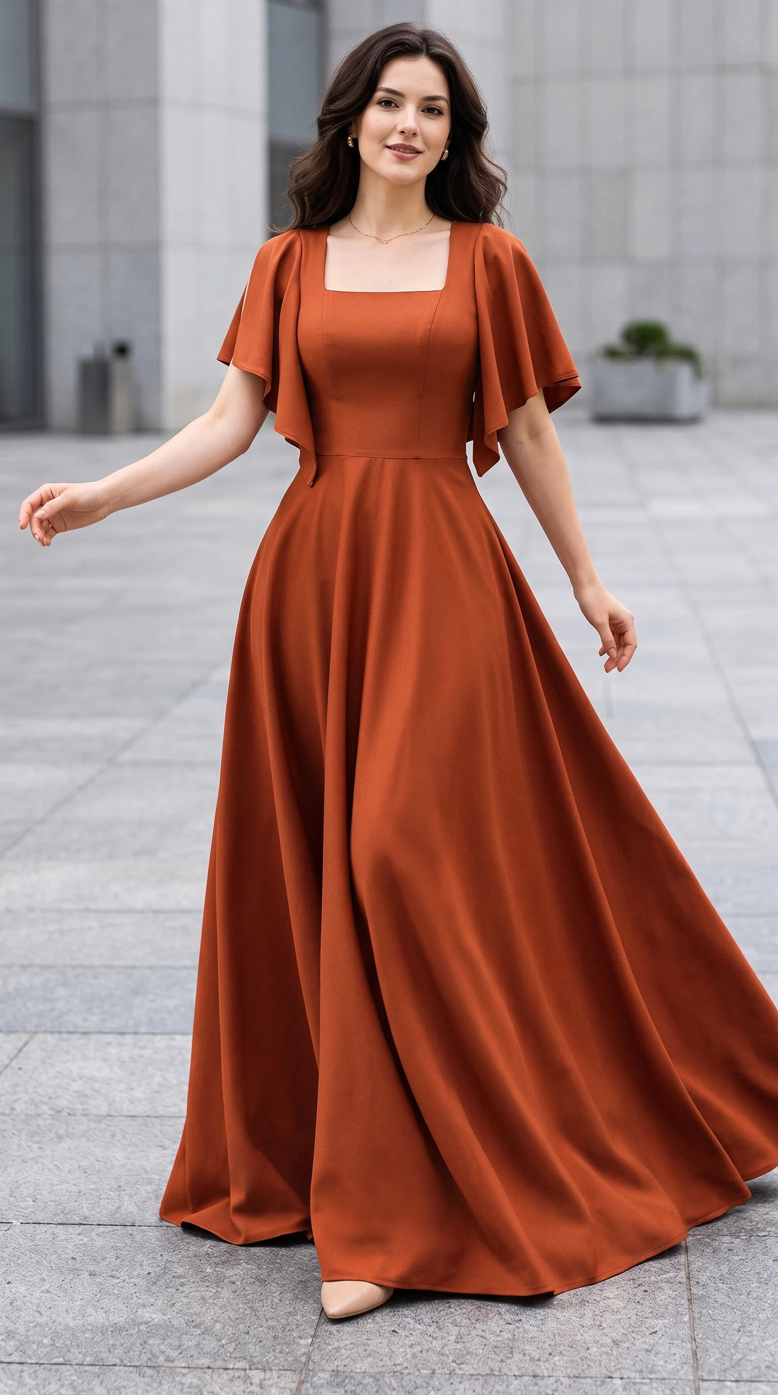 Rust Orange Square-Neck Flutter-Sleeve Fall Wedding Guest Dress