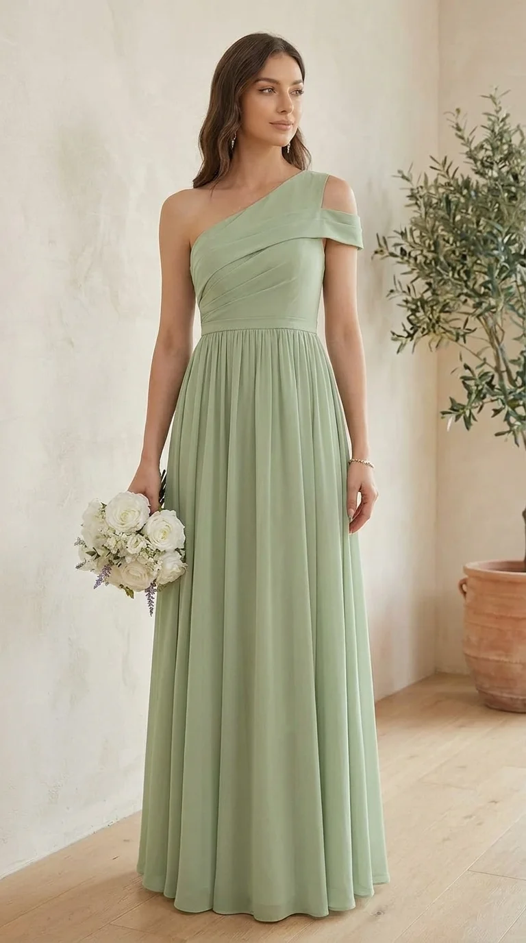 Ever-Pretty One-Shoulder Chiffon Maxi Dress in Mint Green