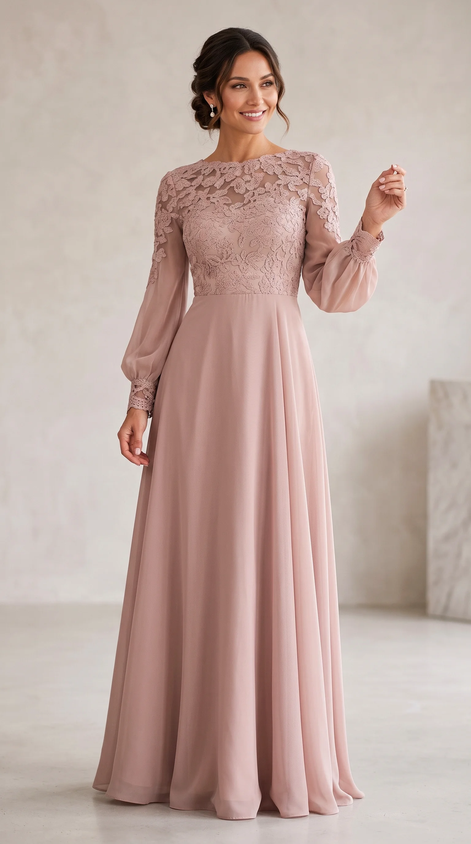 Taupe Lace-Accented Long-Sleeve Fall Wedding Guest Dress