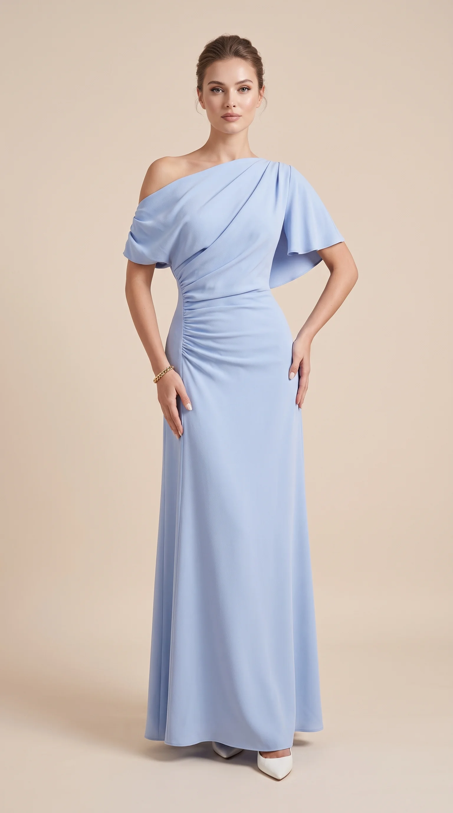 Asymmetric Sculpted Powder Blue Crepe Gowns Dress