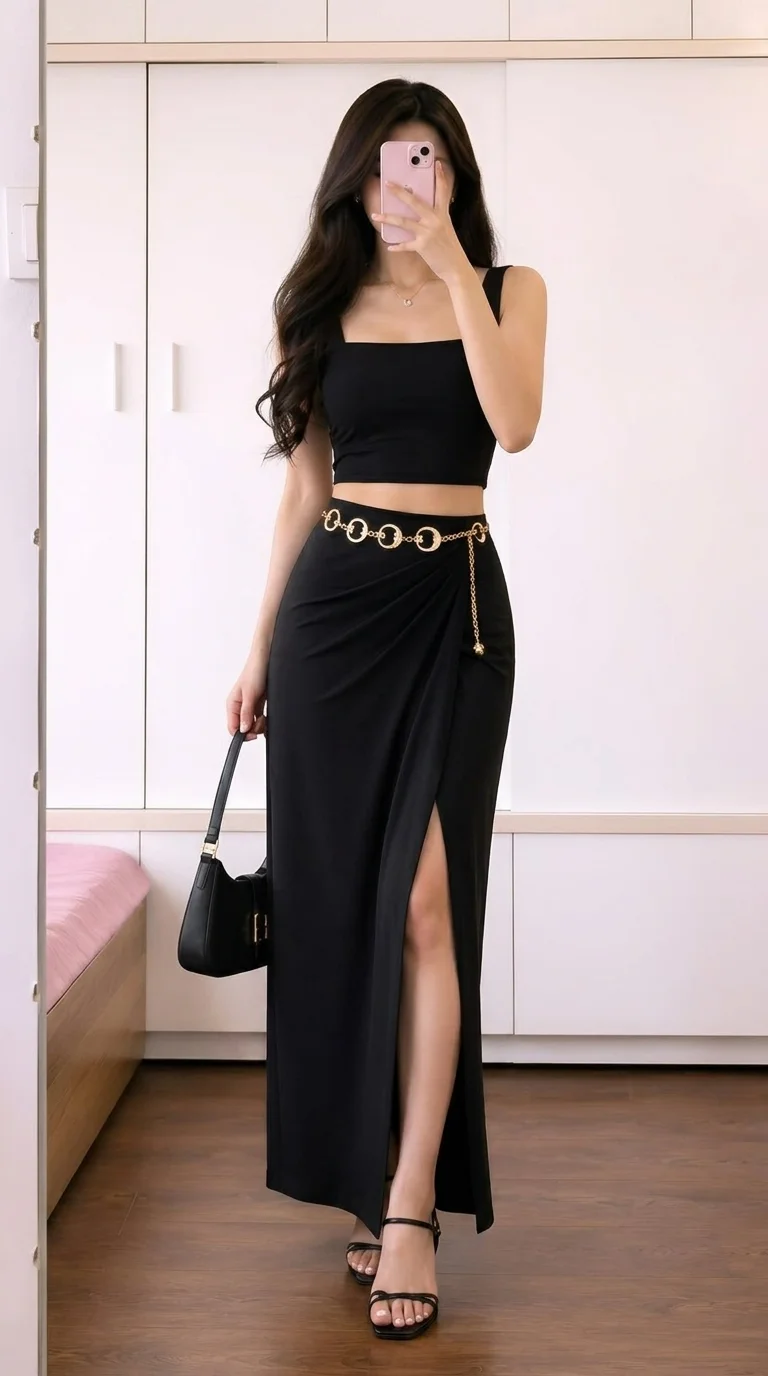 The Elevated Two-Piece with Gold Accents Maxi Dress
