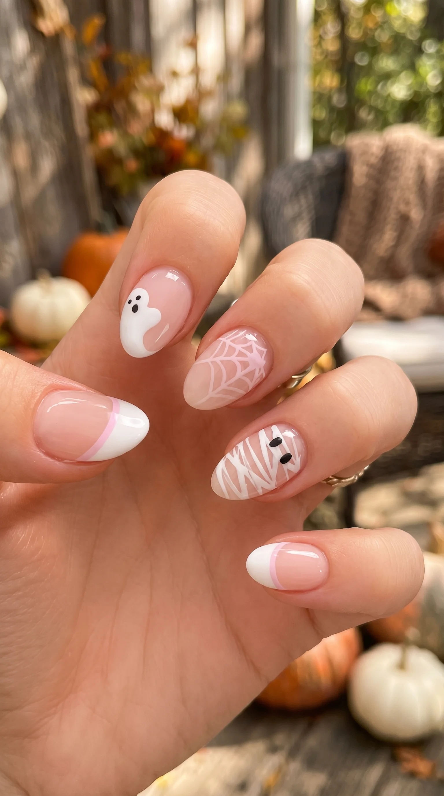 Soft Pink Ghost, Web & Mummy Halloween Nails