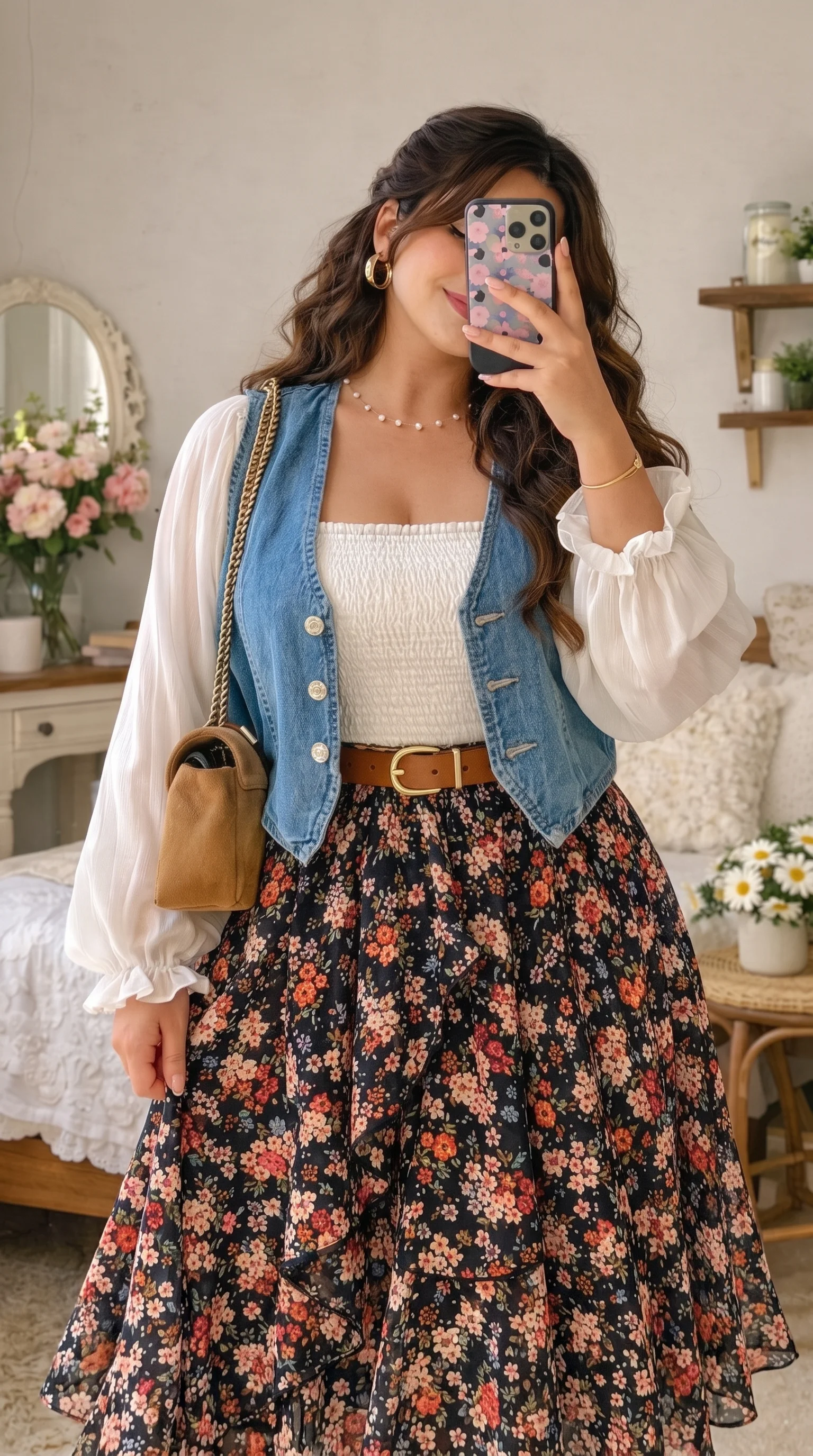 Boho Chic Denim Vest & Floral Skirt Ensemble Plus Size Outfit