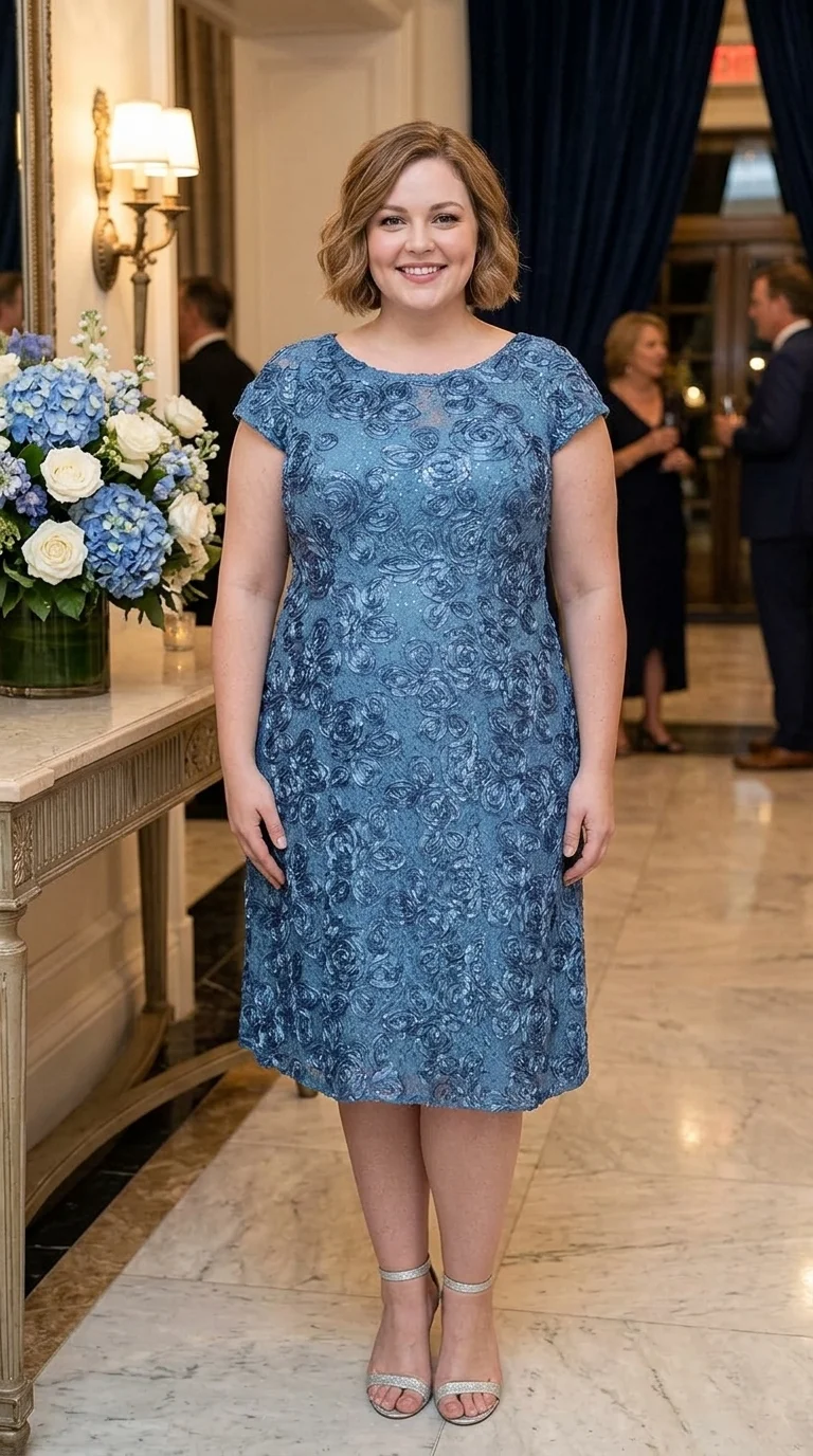 Elegant Steel Blue: Alex Evenings Tea Length Rosette Dress