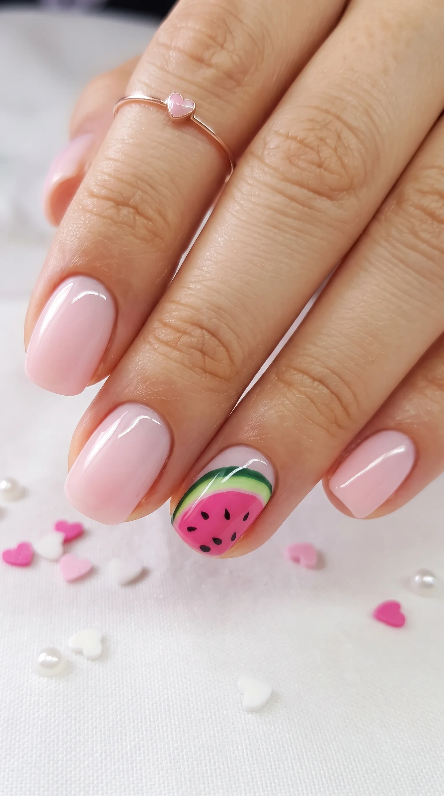 Sweet Watermelon Accent & Milky Pink Chic Nails