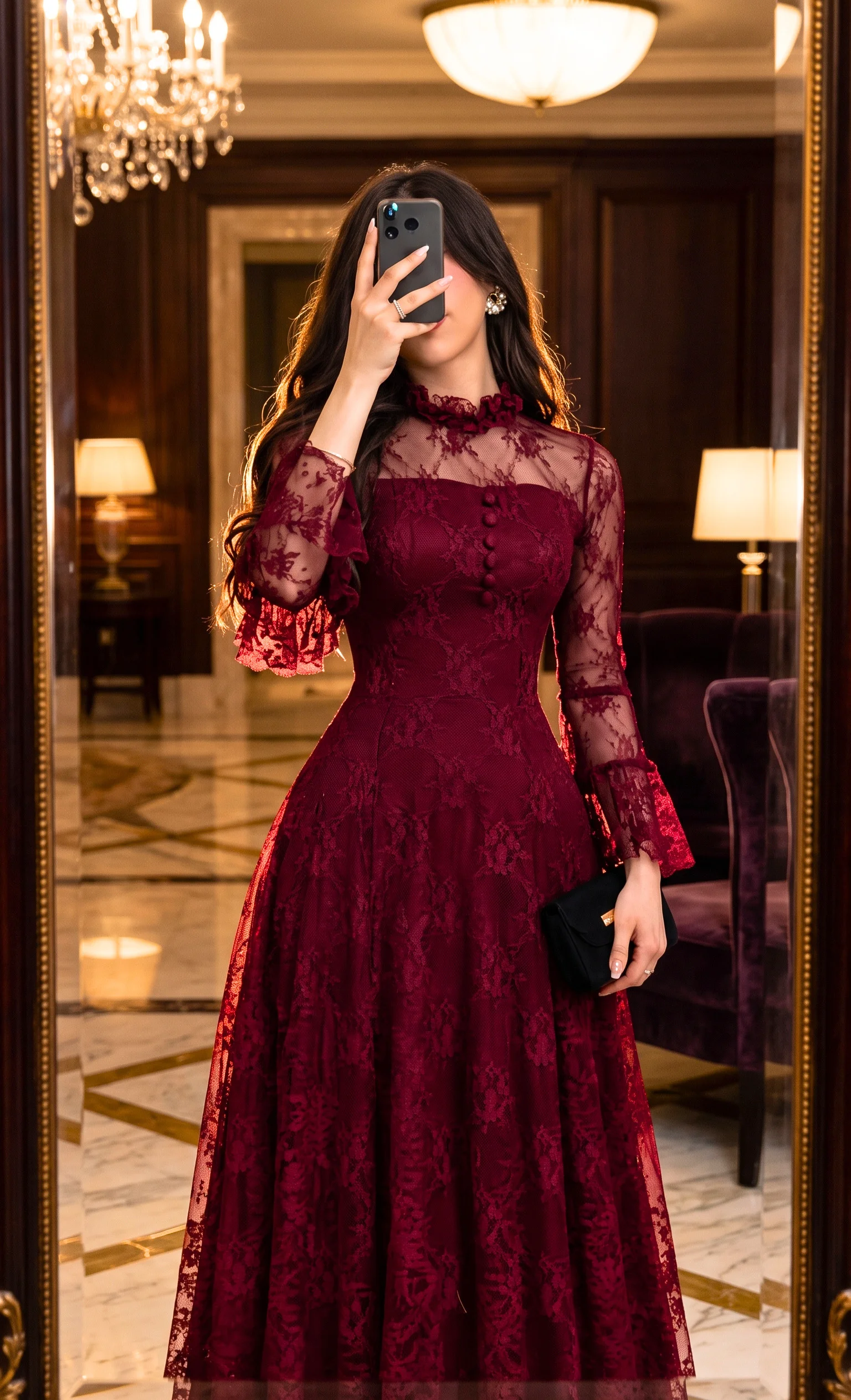 Burgundy Lace Long-Sleeve Fall Wedding Guest Dress