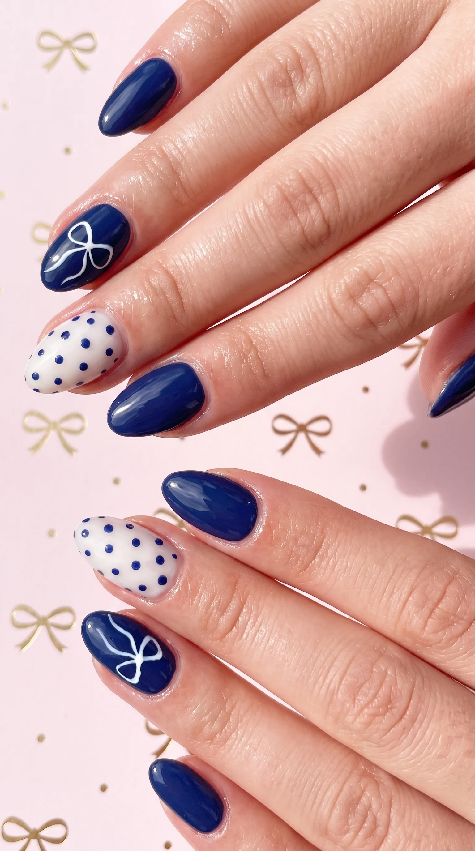 Deep Navy Bow & Polka Dot Coquette Nails Inspo