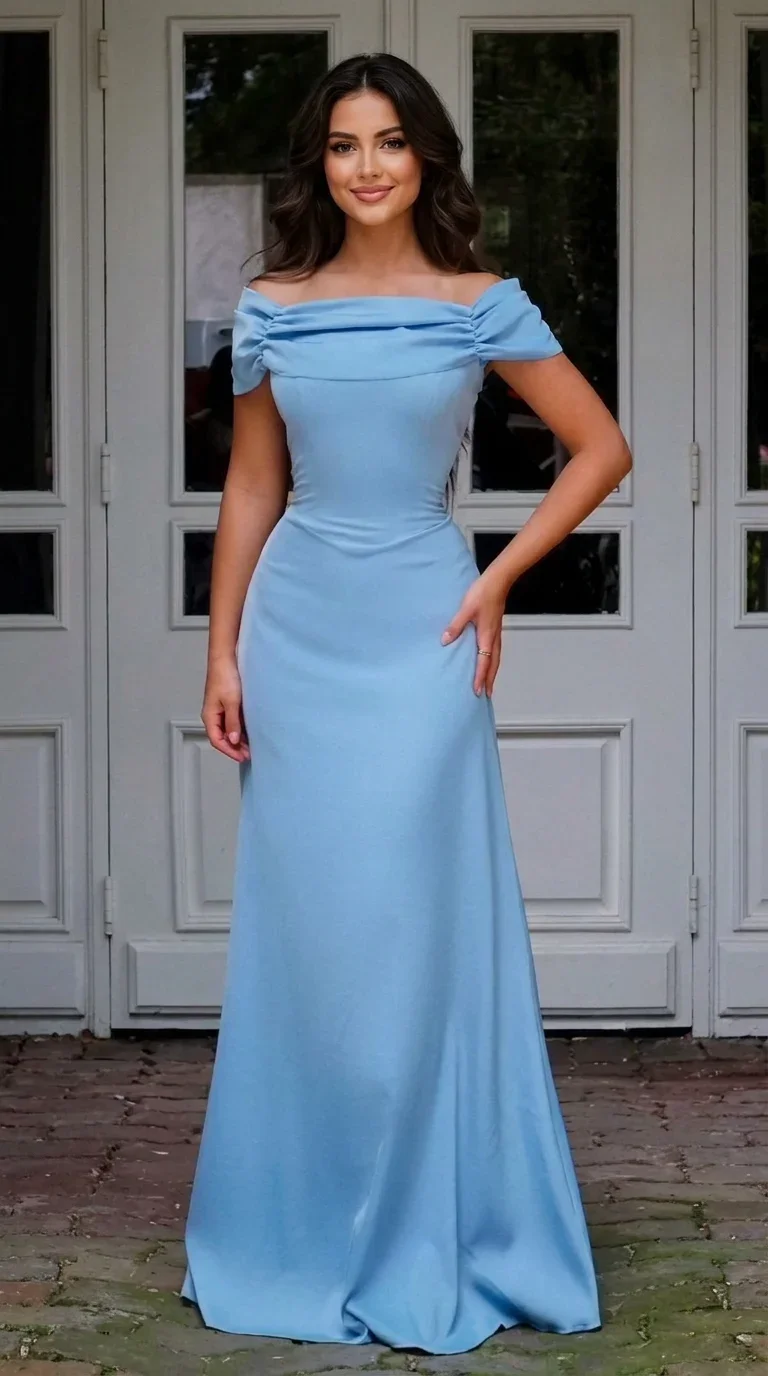 Off-the-Shoulder Folded Crepe Maxi Dress in Powder Blue