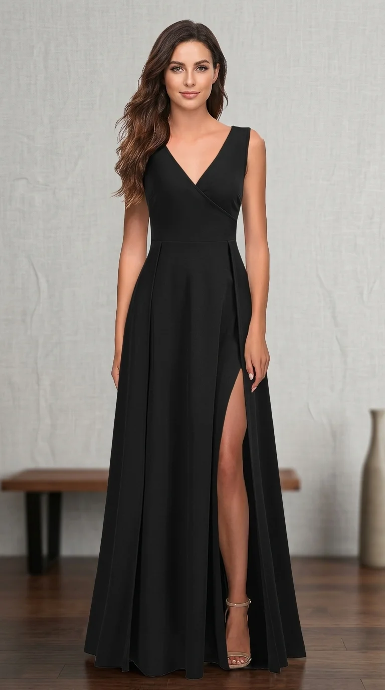MUSHARE V-Neck Sleeveless Split Maxi Dress in Black