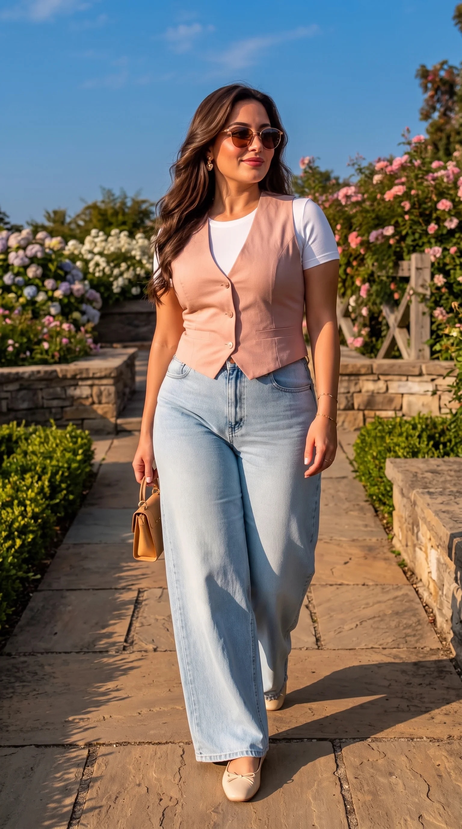 Tailored Blush Vest & Light Wash Denim Plus Size Outfit