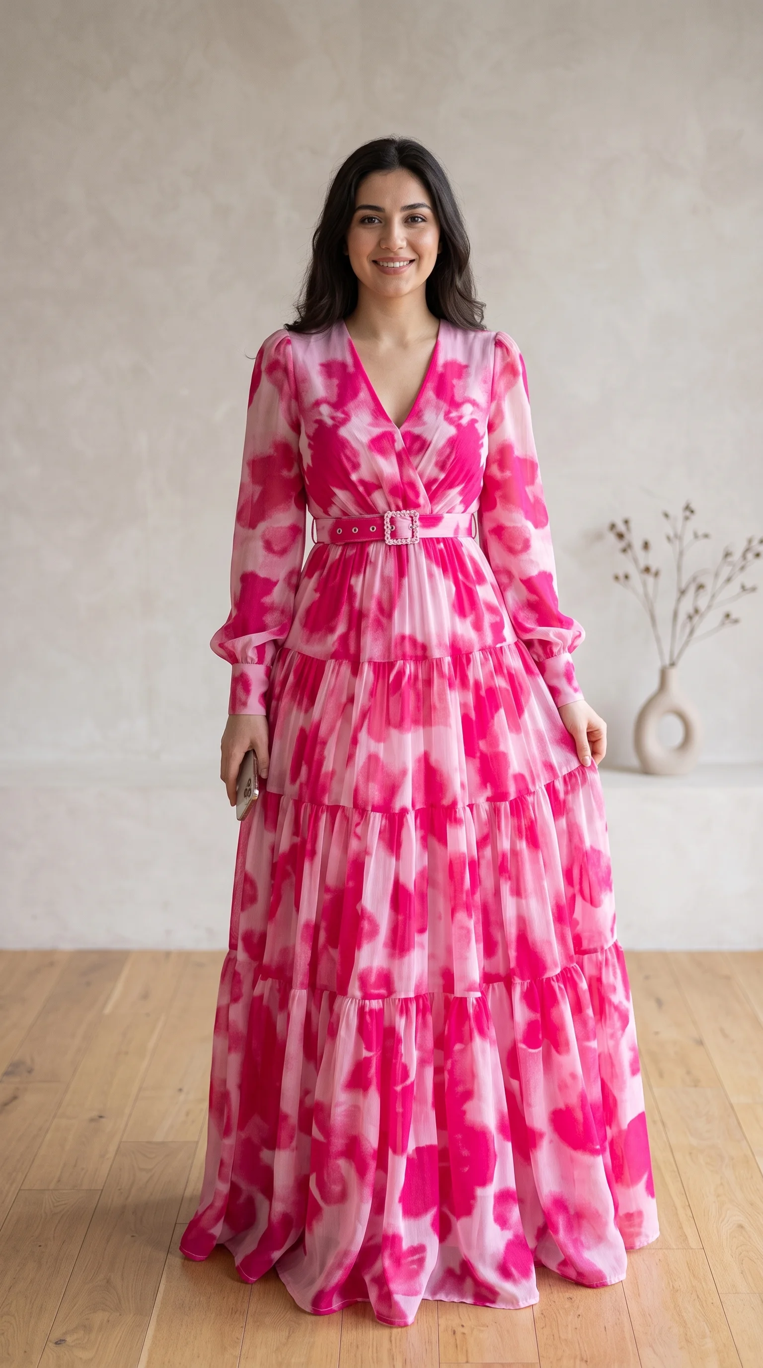 Vibrant Pink Abstract Floral Long-Sleeve Autumn Wedding Guest Dress