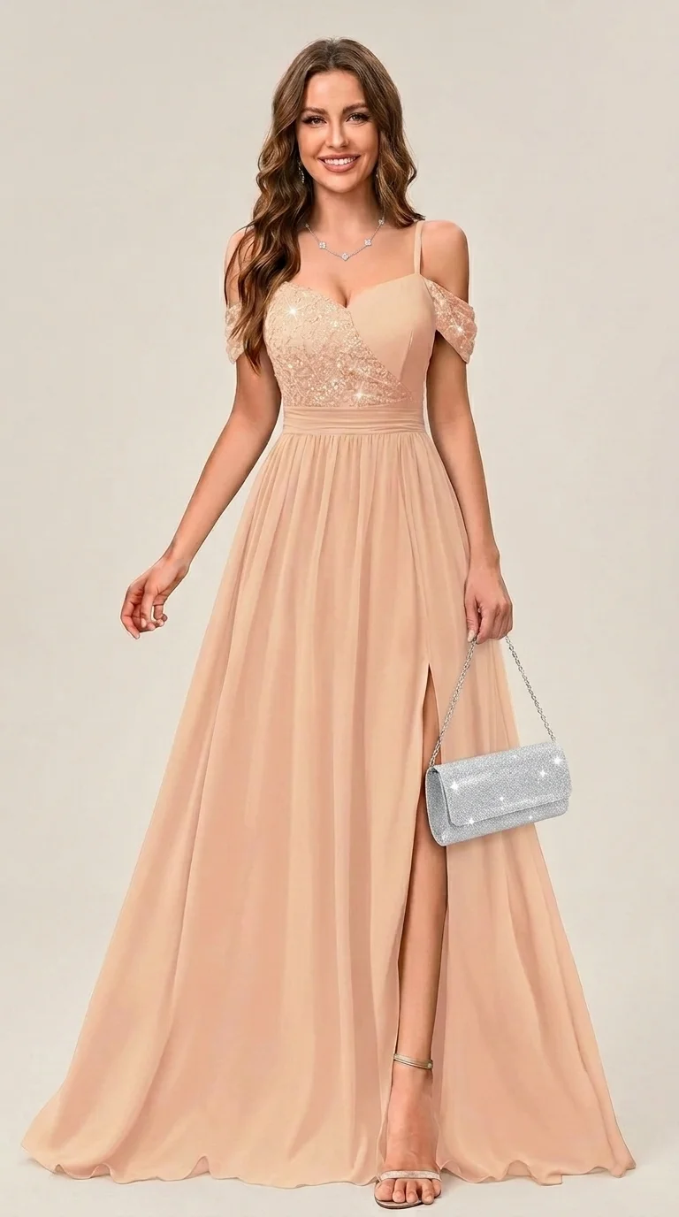 Miusol Off-Shoulder Sequined Slit Maxi Dress in Blush Pink