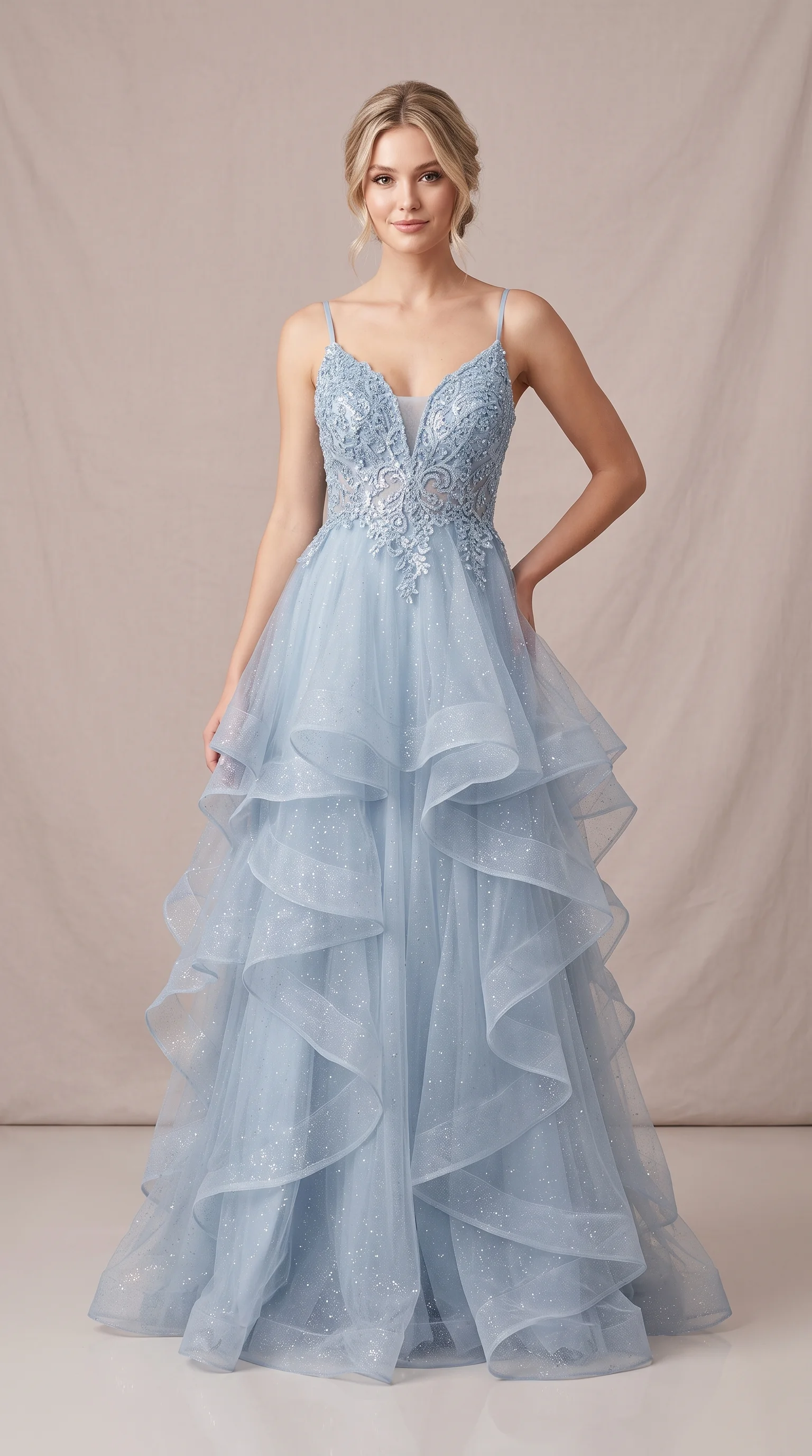 Tiered Glitter Tulle Gowns with Lace Bodice