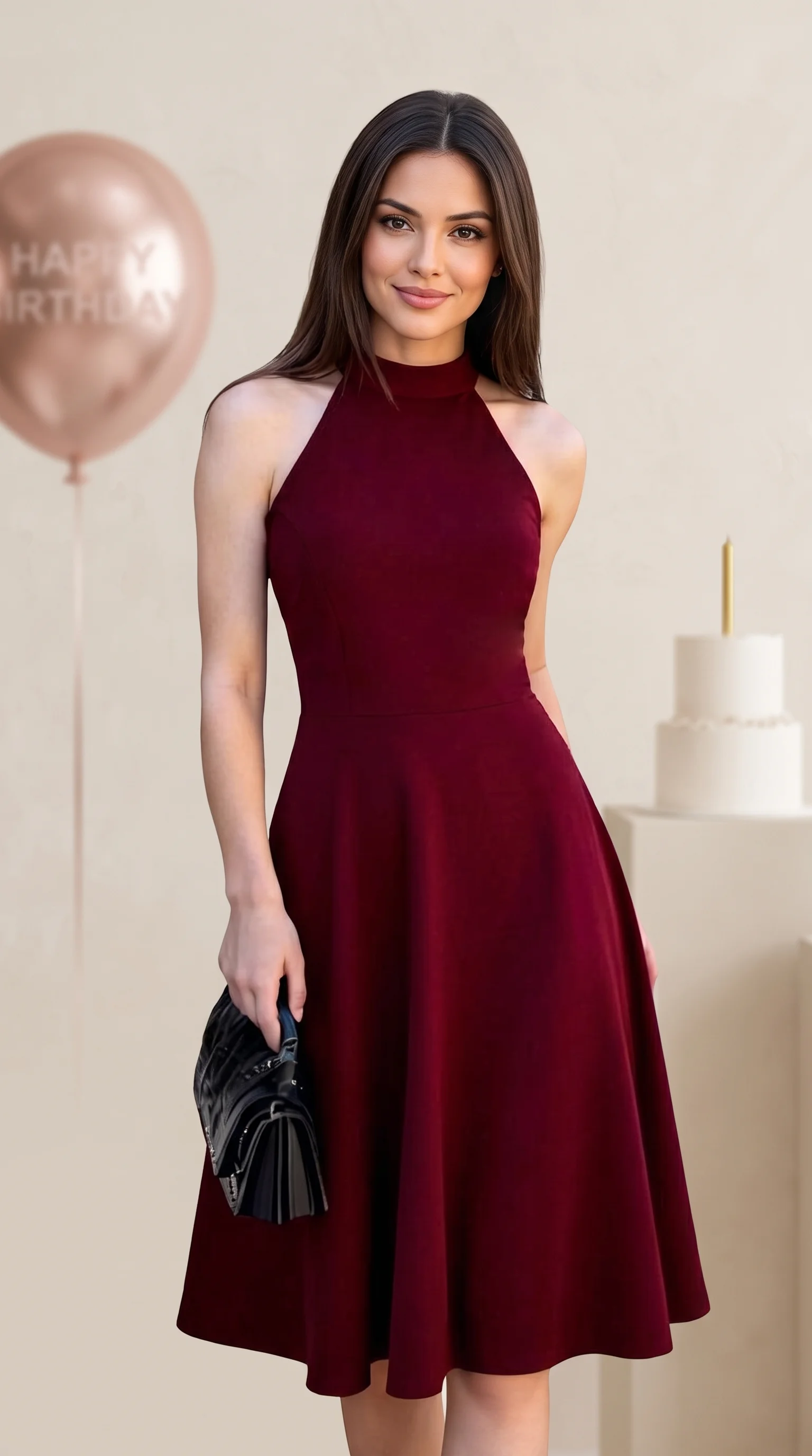 Sophisticated Burgundy Halter A-Line Birthday Dress