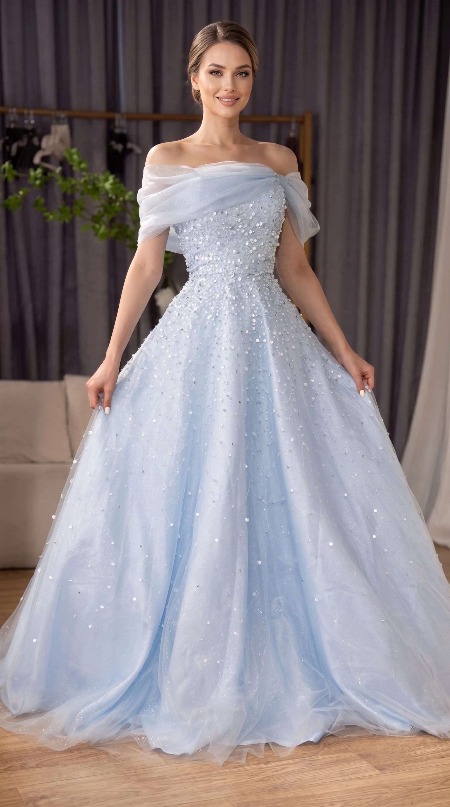 Off-The-Shoulder Beaded Sky Blue Ball Gowns