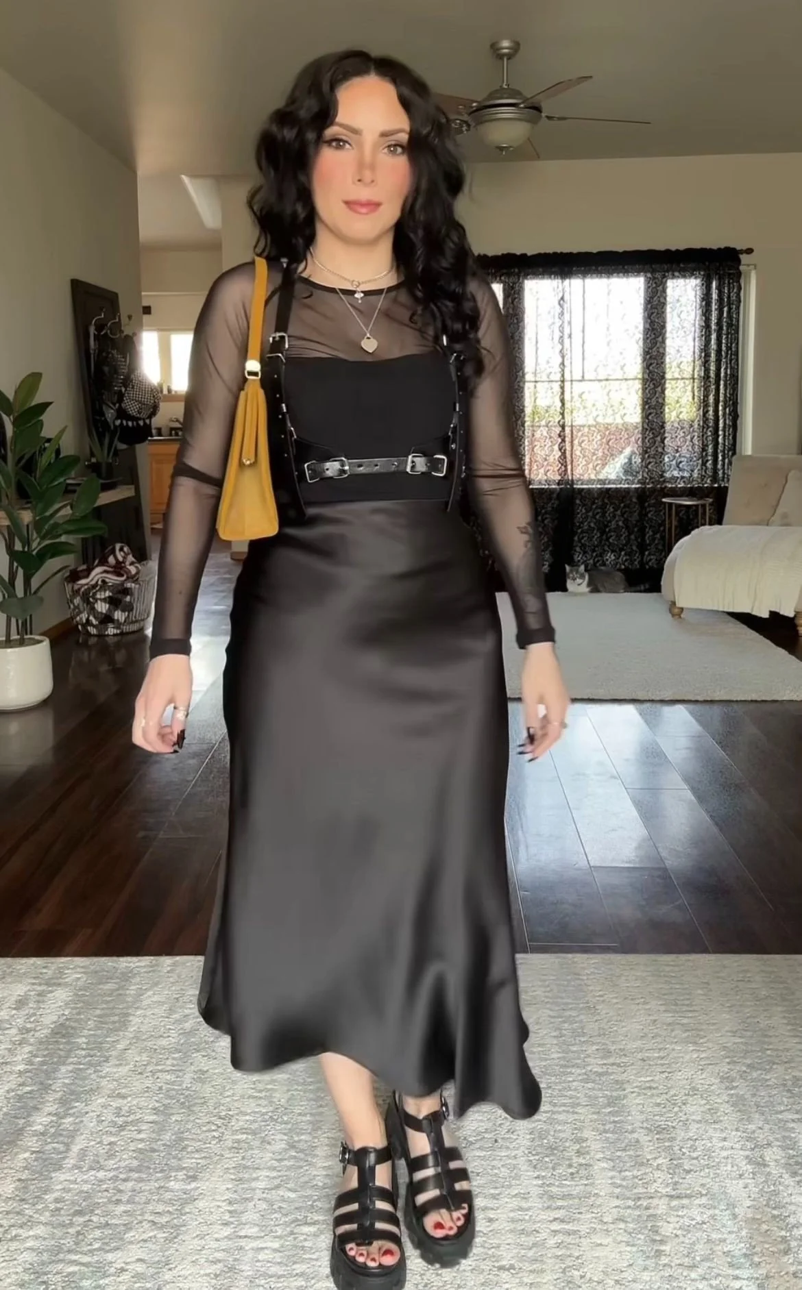 Slip Dress with Sheer Mesh Layering