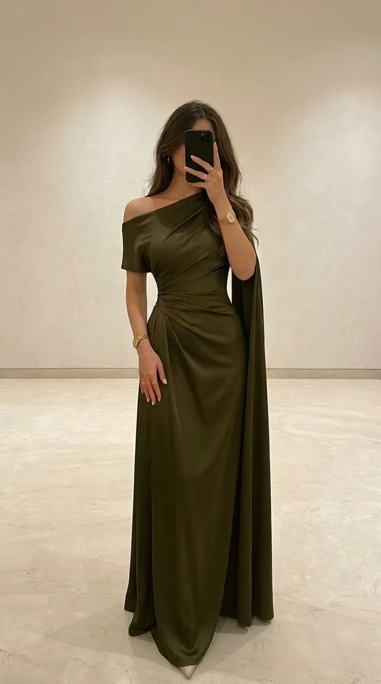 Asymmetrical Draped Satin Maxi Dress in Olive Green