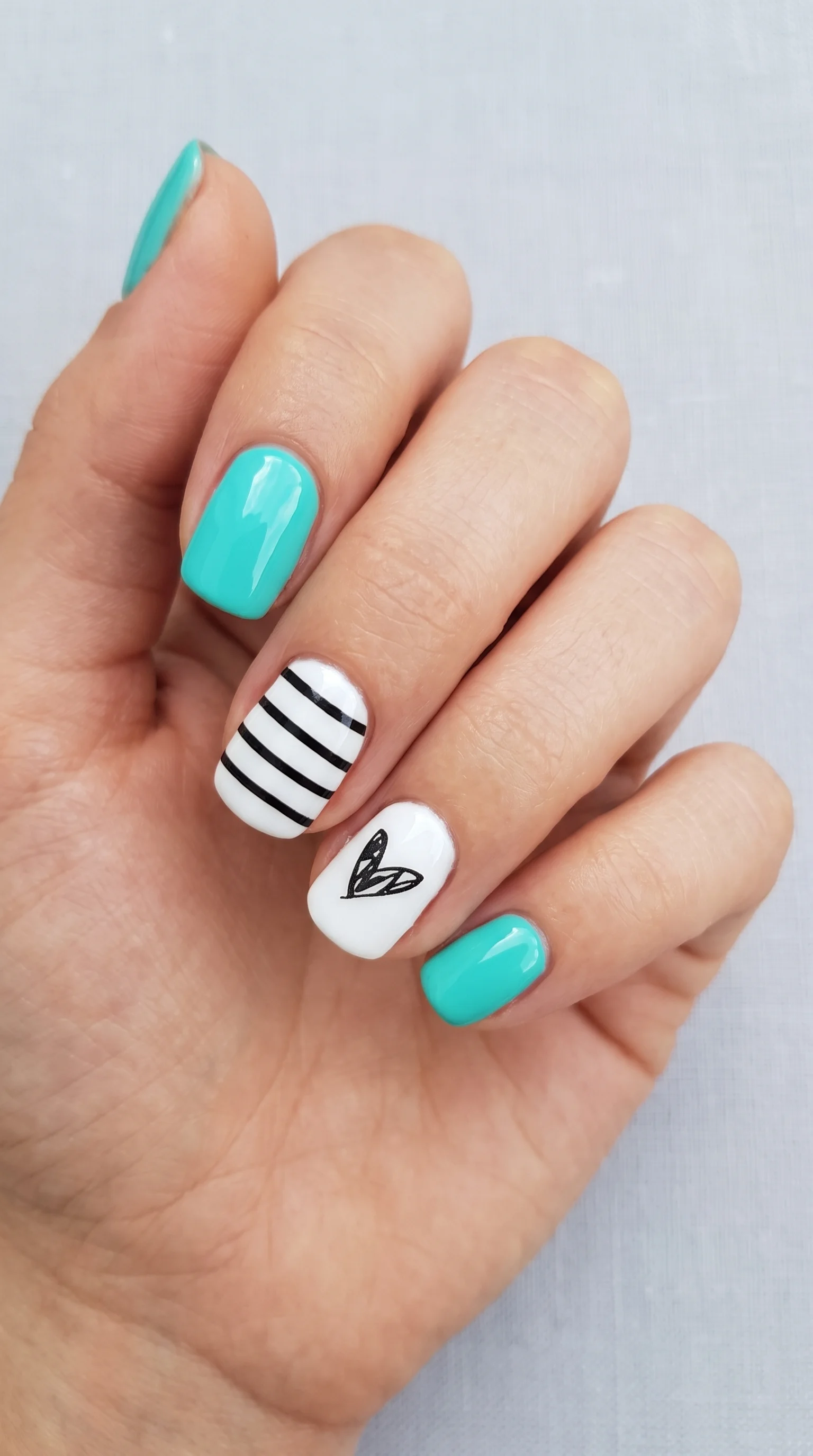 Nautical Turquoise Striped Heart Nails