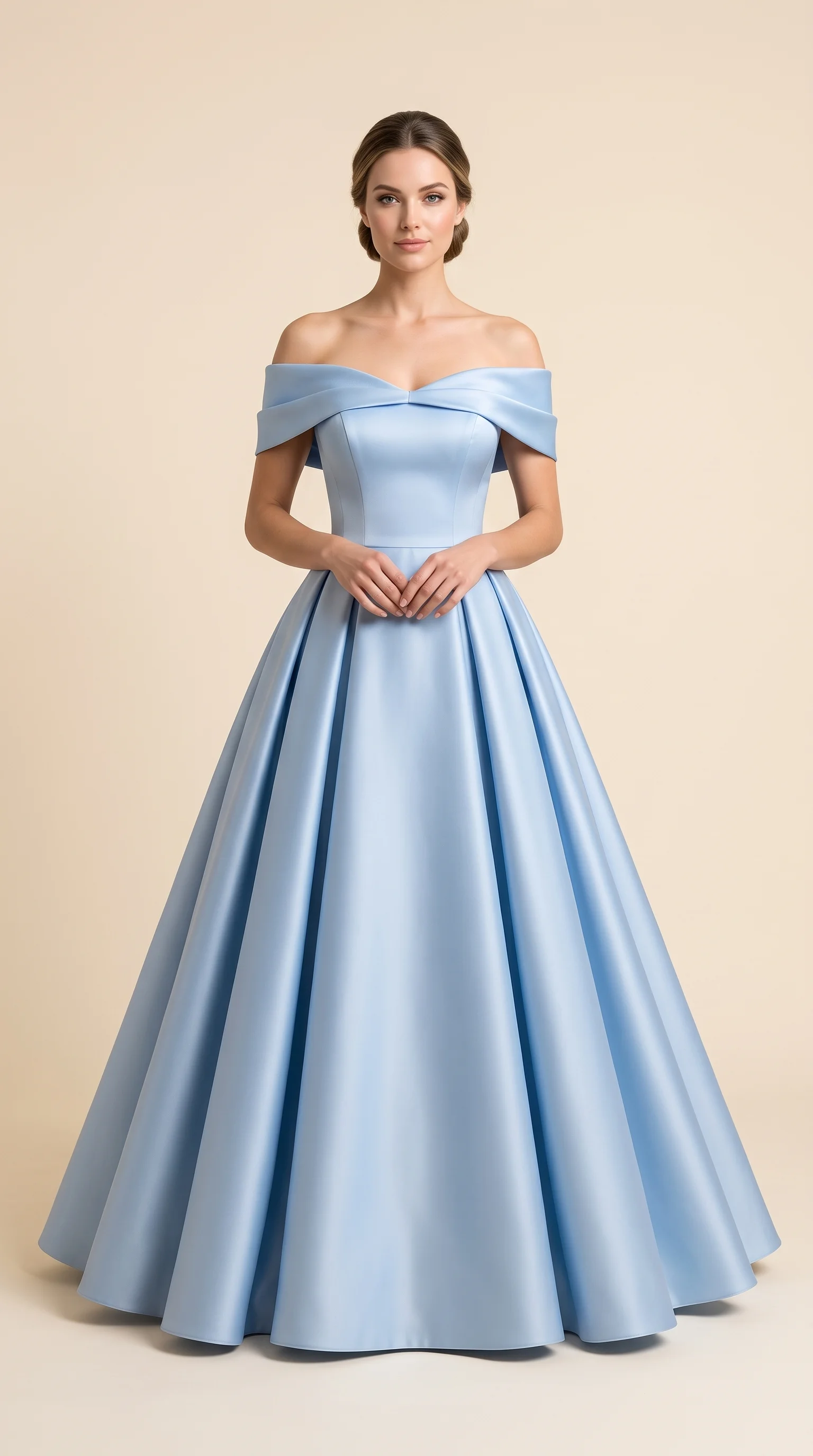 Off-The-Shoulder Ice Blue Satin Ball Gowns