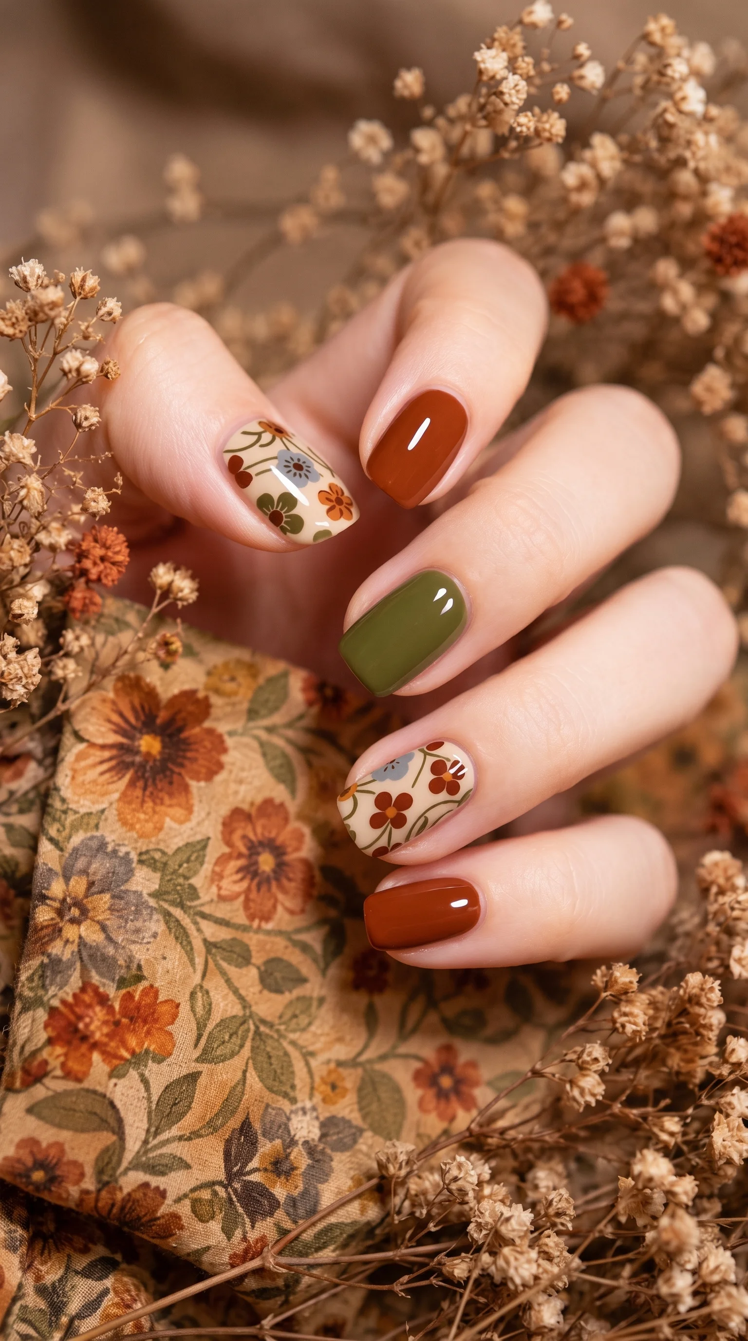 Vintage Botanical Floral & Earthy Fall Nail Inspo