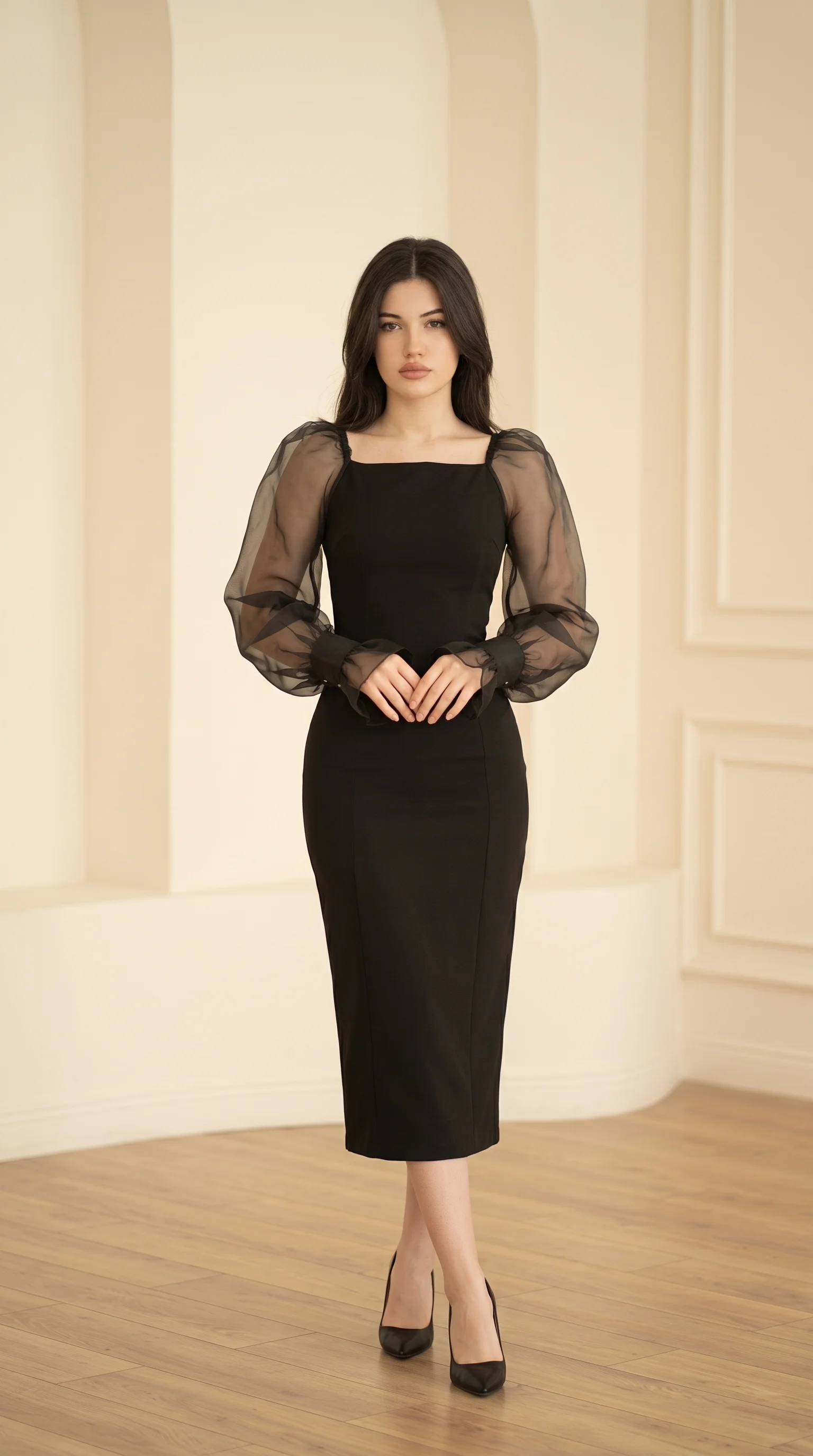 Black Organza Bubble-Sleeve Autumn Wedding Guest Dress
