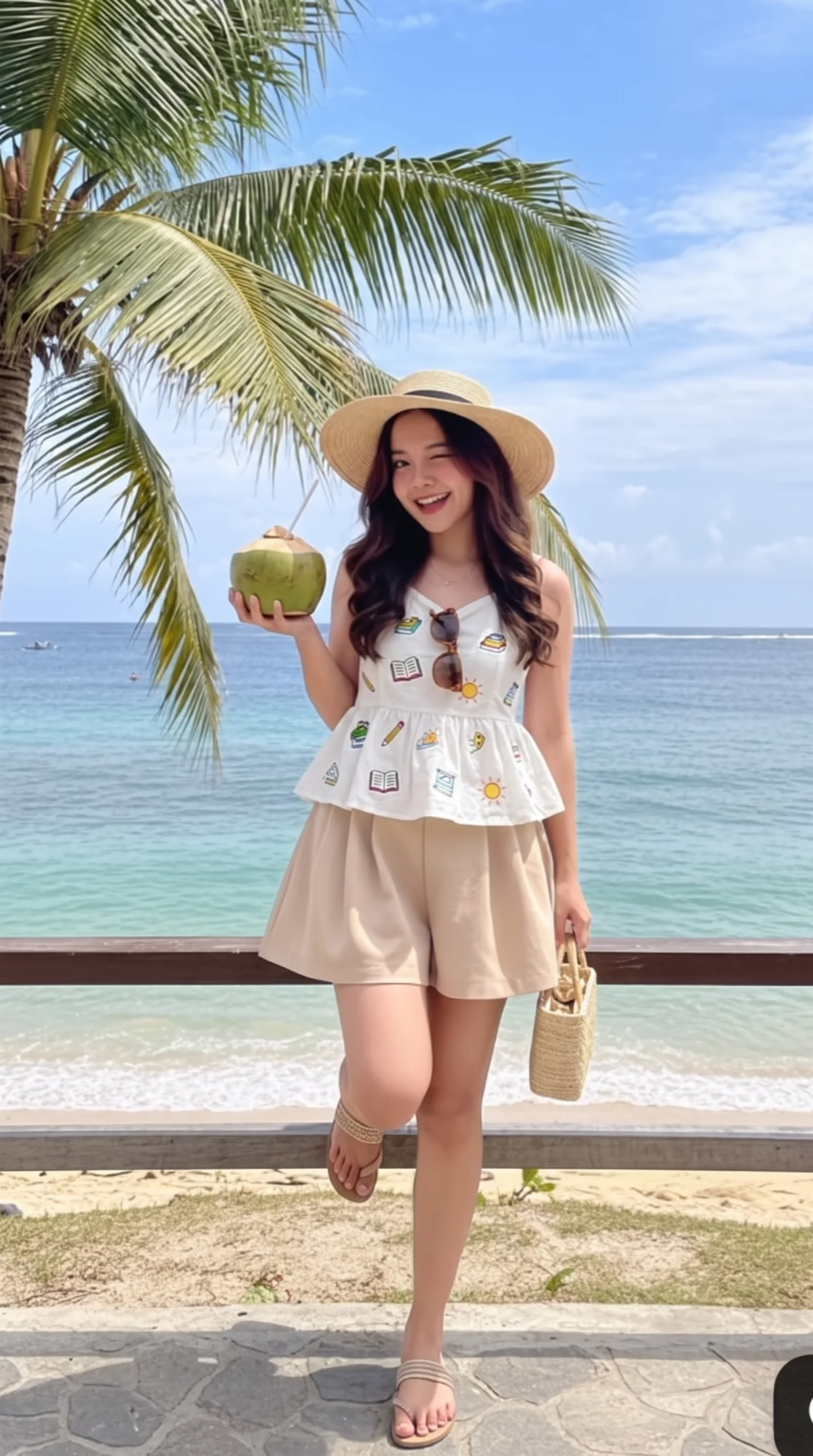 Playful School-Doodle Peplum Cami & Beige Shorts Beach Outfit