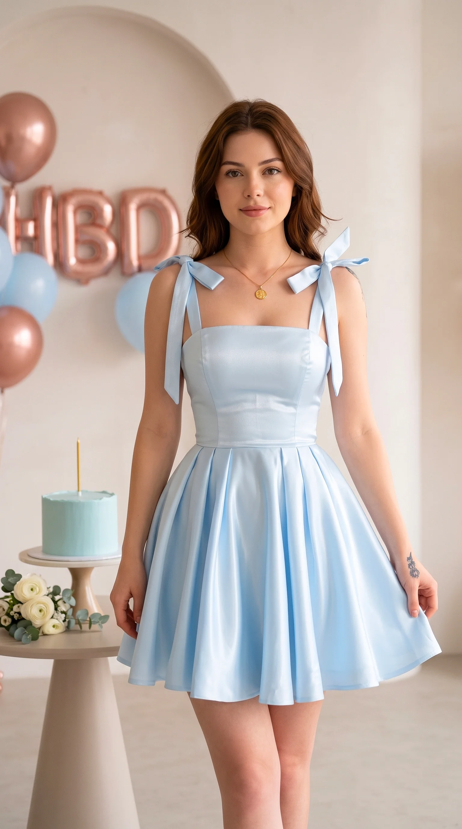 Ice Blue Satin Tie-Strap Mini Dress