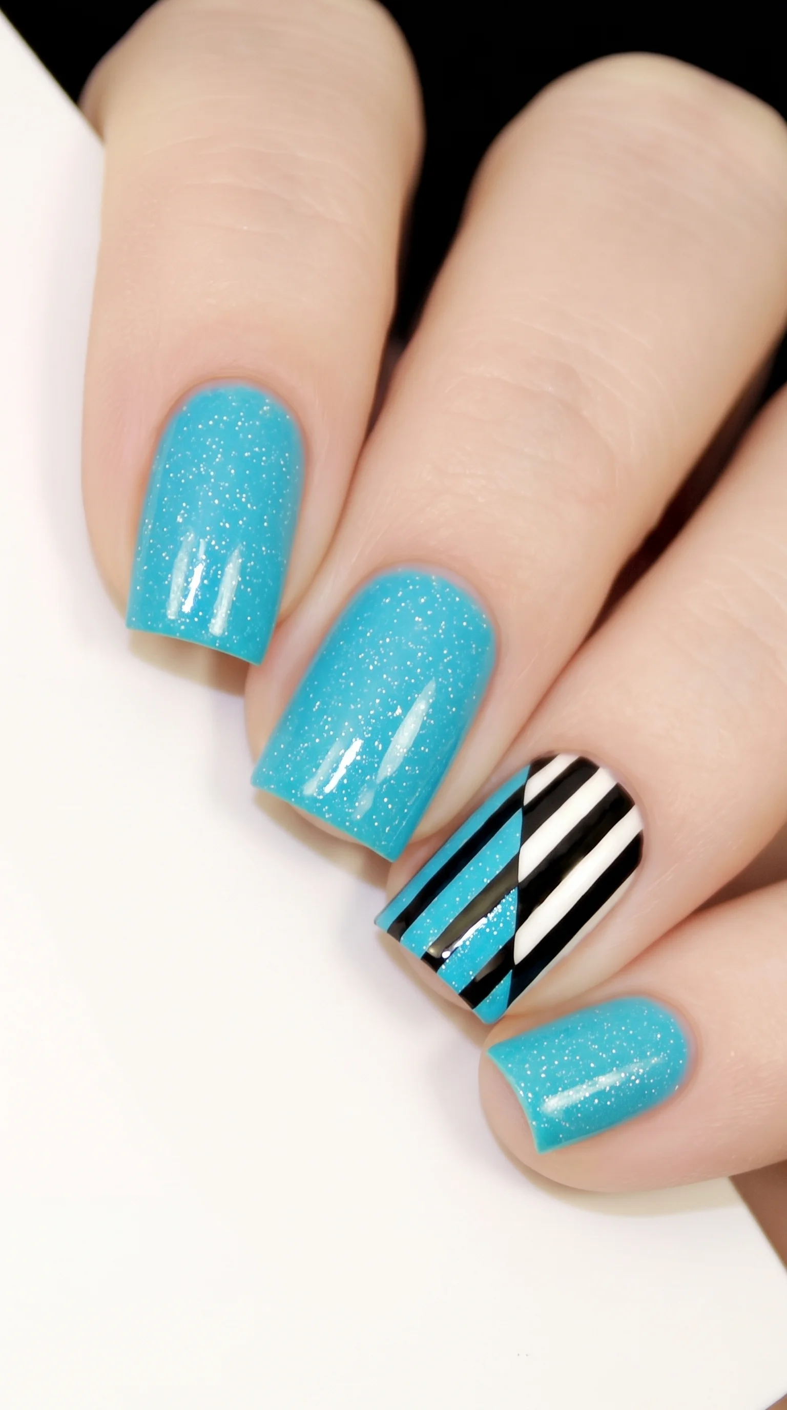 Electric Turquoise Shimmer & Geometric Abstract Stripe Nails