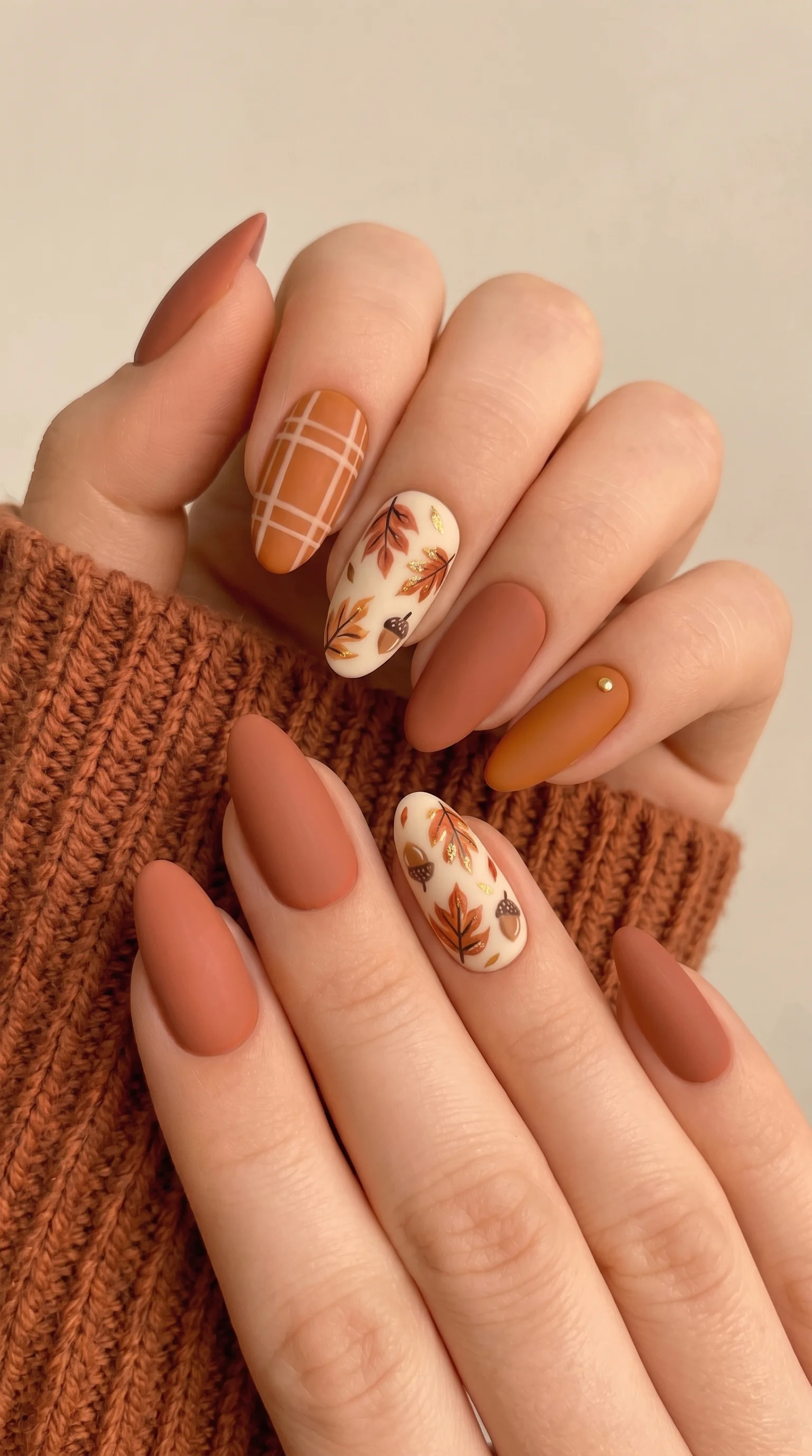 Matte Fall Leaves, Plaid & Acorn Nail Inspo