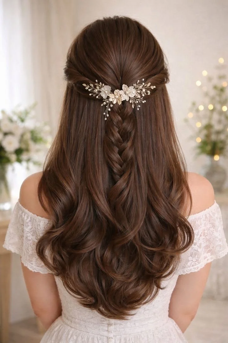 Braided Half-Up Style with Floral Detail