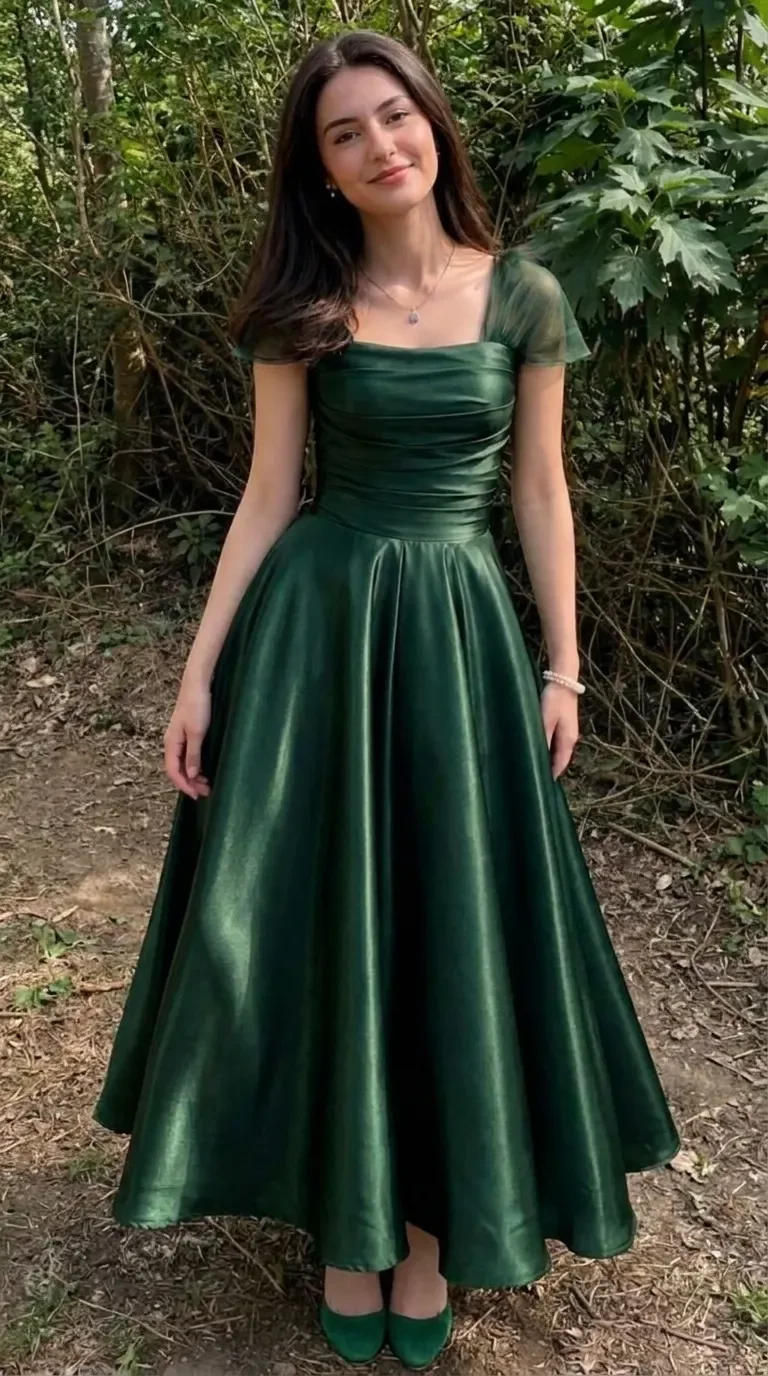 Tulle Cap-Sleeve Satin Midi Dress in Emerald Green