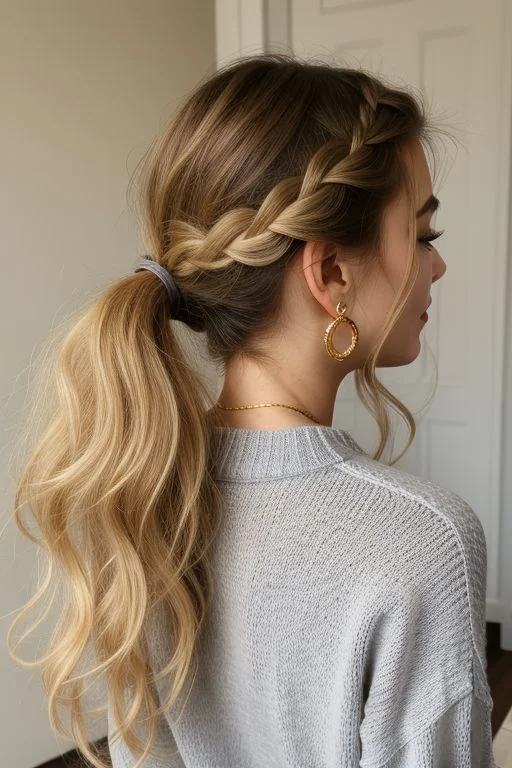 Side-Braided Crown Voluminous Ponytail Style