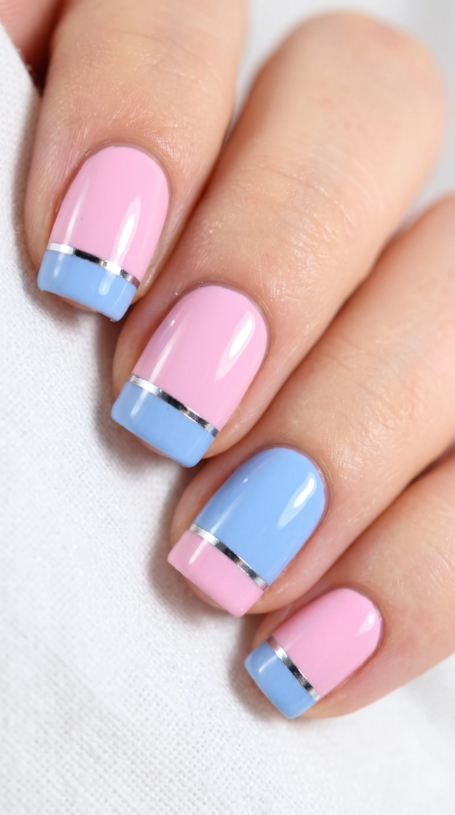 Pastel Color-Block French with Silver Striping Tape Nails