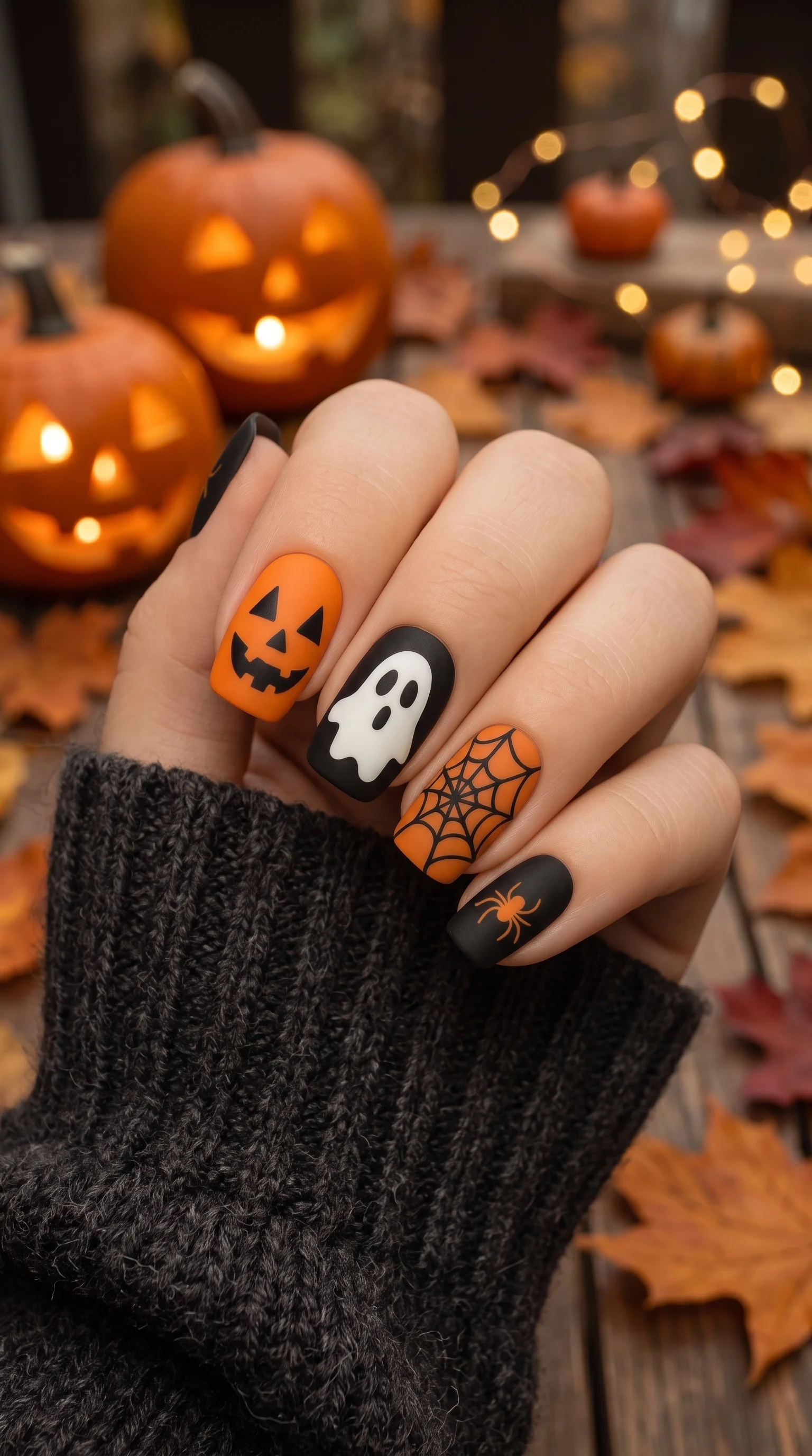 Pumpkin, Ghost & Spider Web Halloween Nails