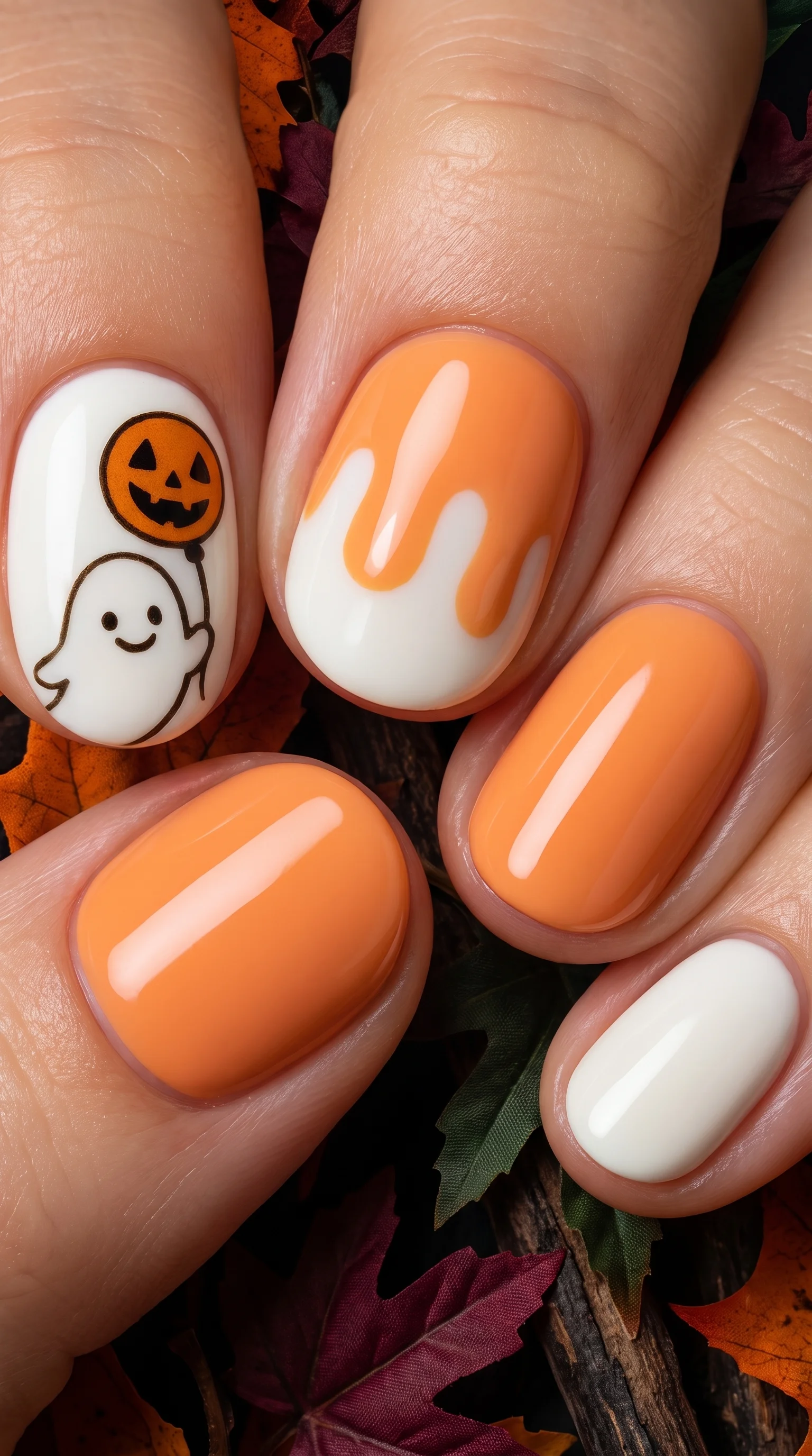 Cute Ghost Balloon & Orange Drip Halloween Nails