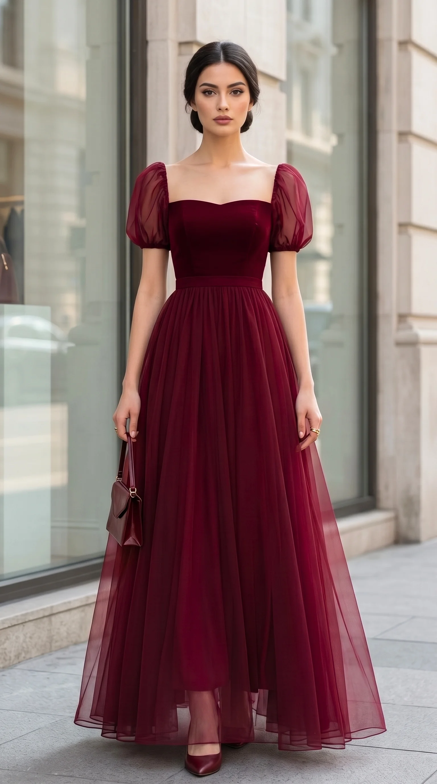 Burgundy Square-Neck Puff-Sleeve Autumn Wedding Guest Dress