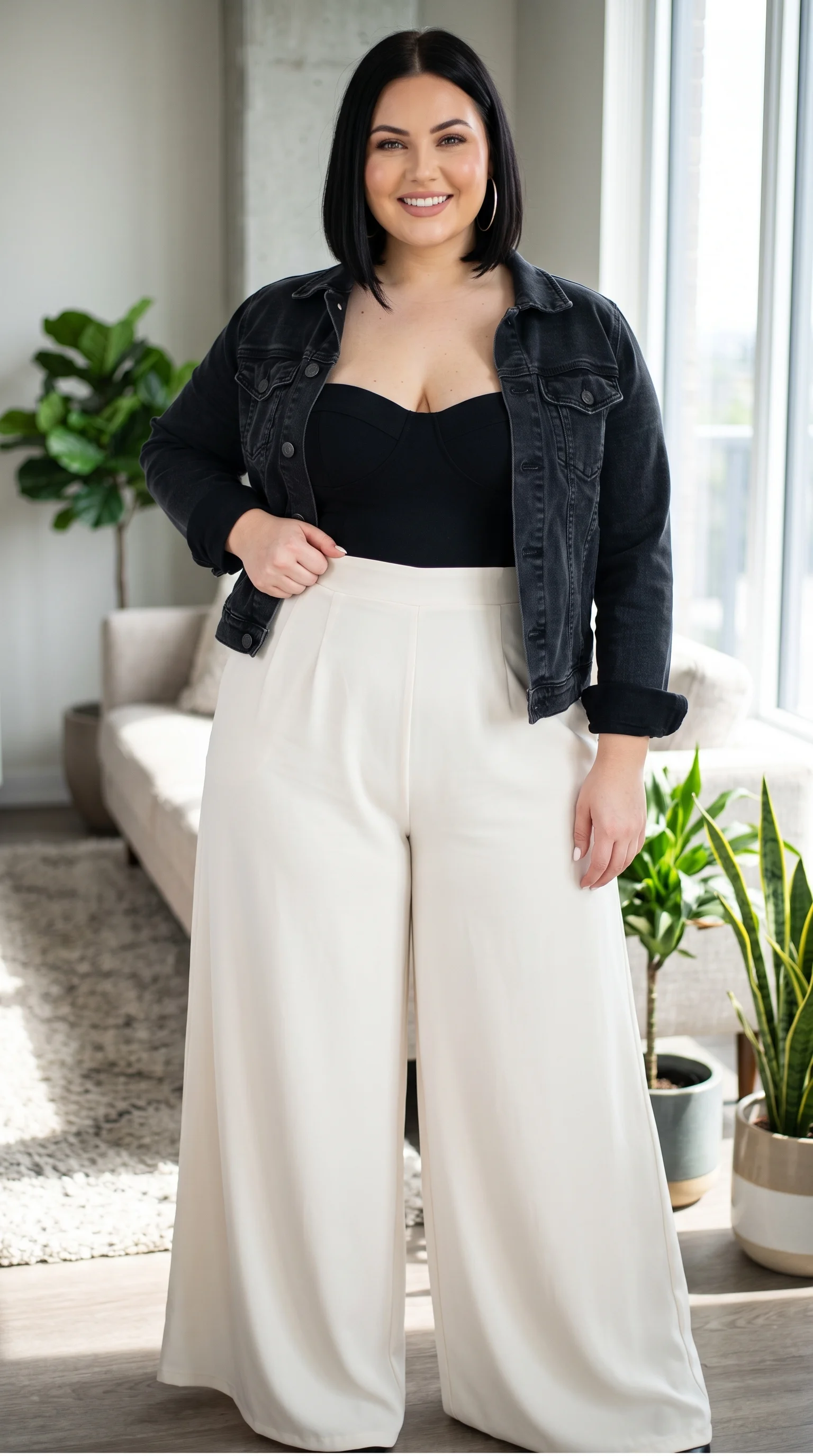 Black Denim Jacket & White Trousers Plus Size Outfit