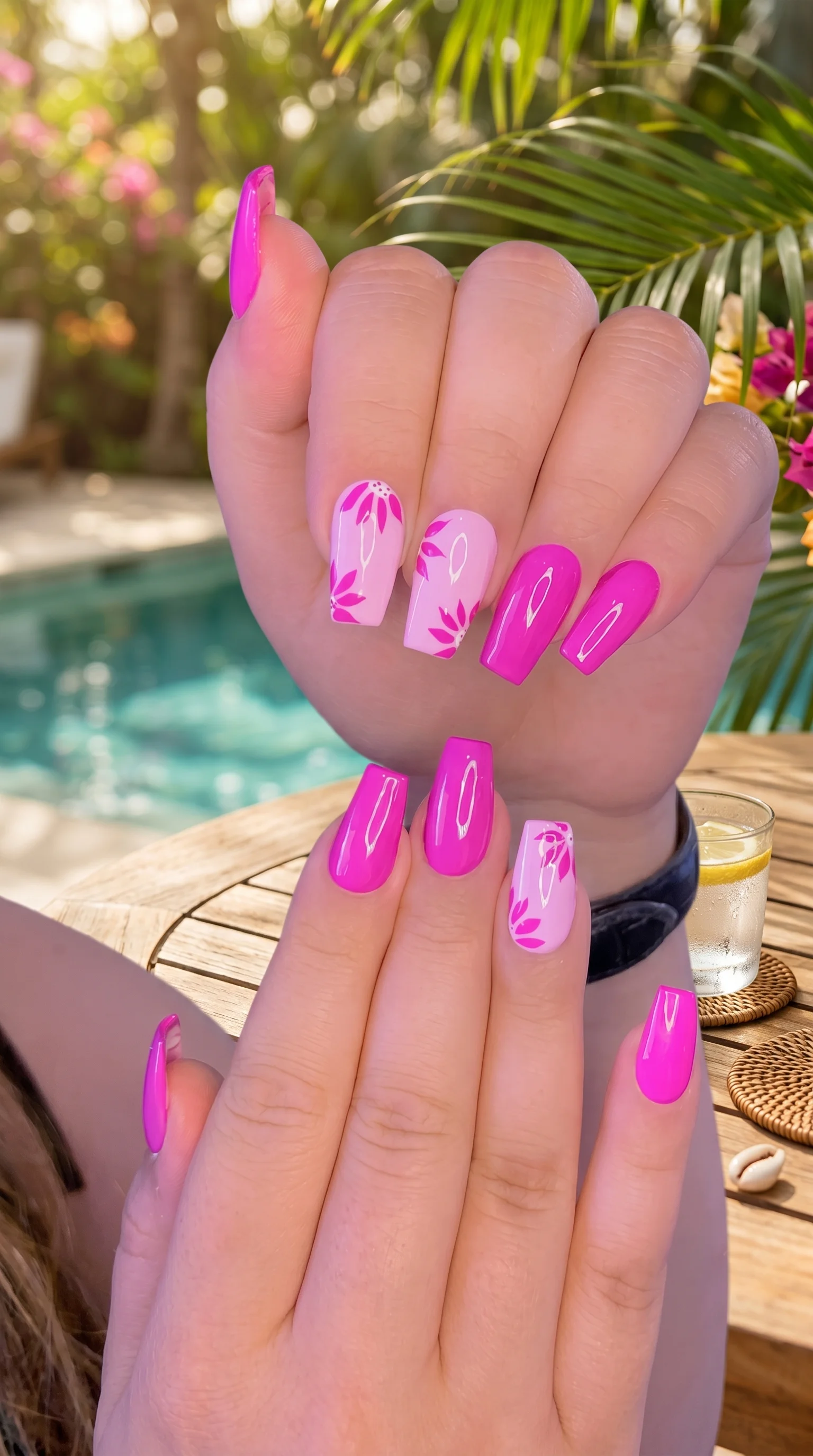Fuchsia Floral Fusion Summer Nail Design